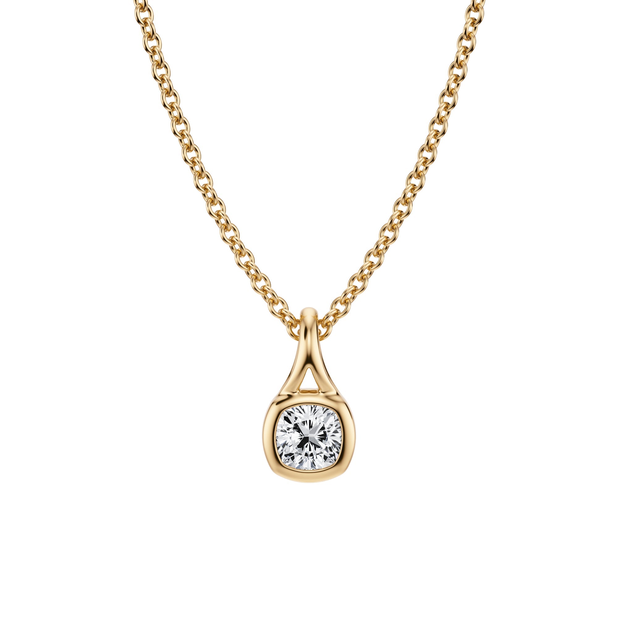 Sophisticated 1/4 Carat Cushion Lab Grown Diamond Split Bail Bezel Necklace in Yellow Gold