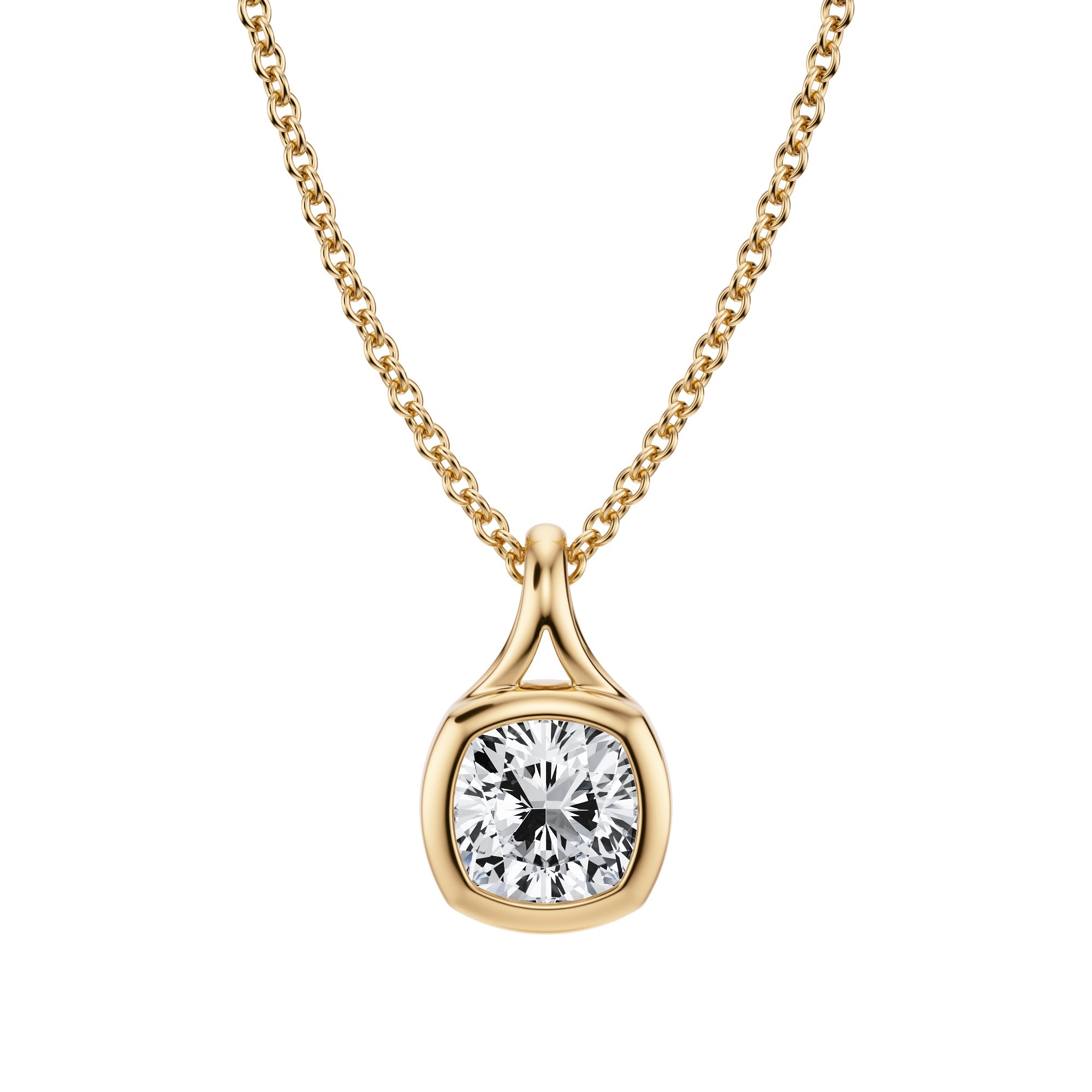 Brilliant 3/4 Carat Cushion Lab Grown Diamond Split Bail Bezel Pendant in Yellow Gold