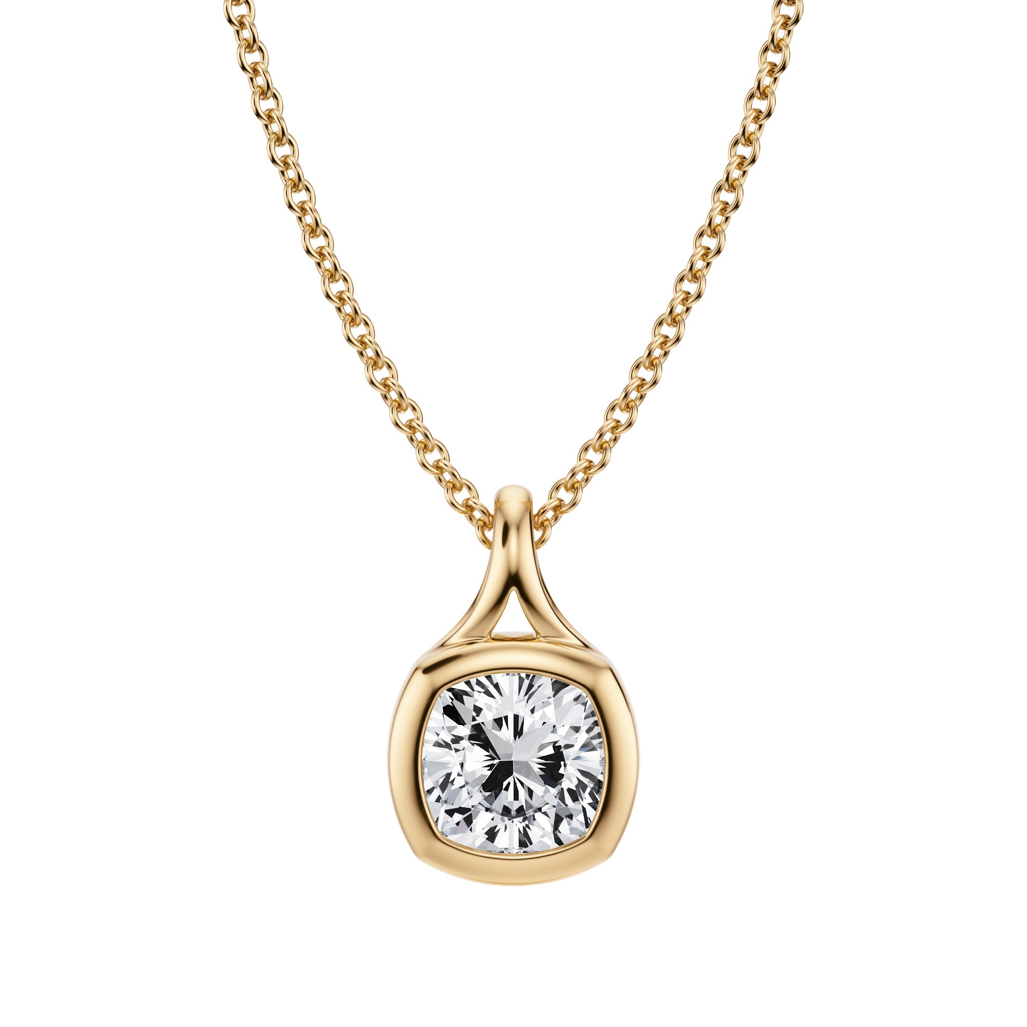 Exquisite 1 Carat Cushion Lab Grown Diamond Split Bail Bezel Necklace in Yellow Gold