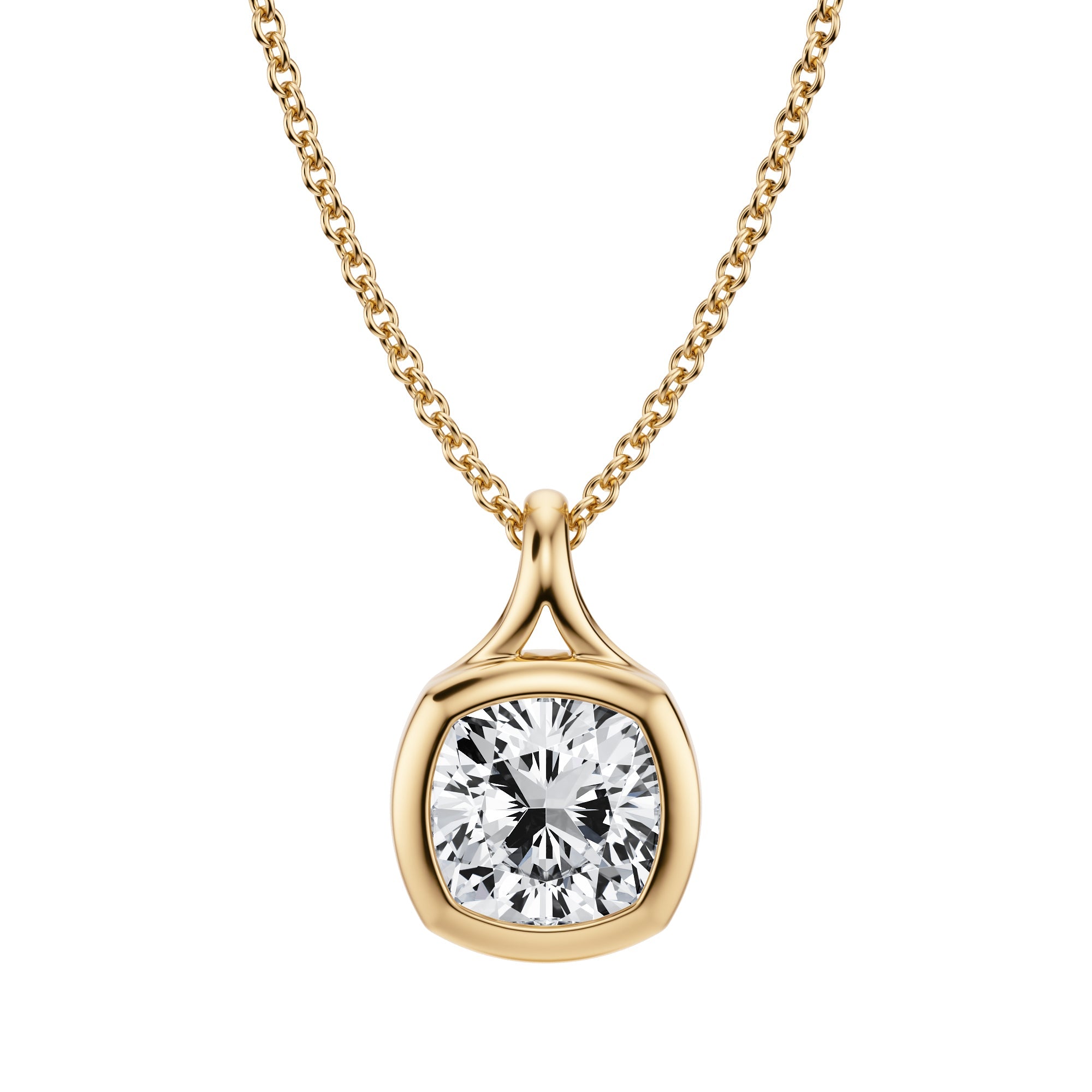 Refined 1.5 Carat Cushion Cut Lab Grown Diamond Split Bail Bezel Necklace in Yellow Gold