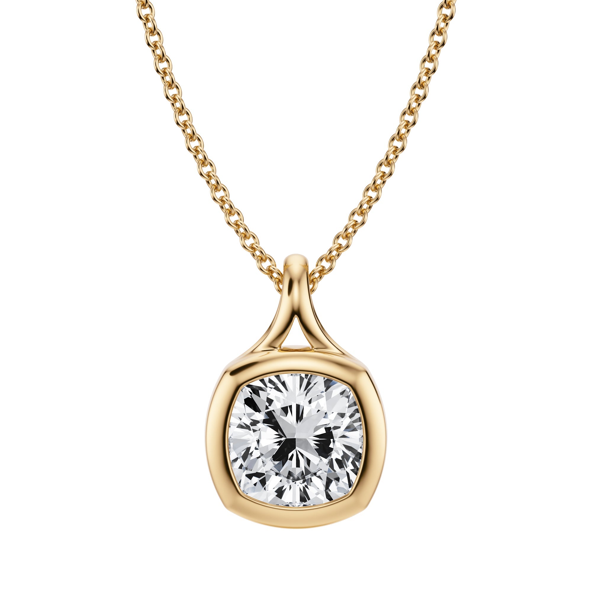 Refined 2 Carat Cushion Cut Lab Grown Diamond Split Bail Bezel Necklace in Yellow Gold