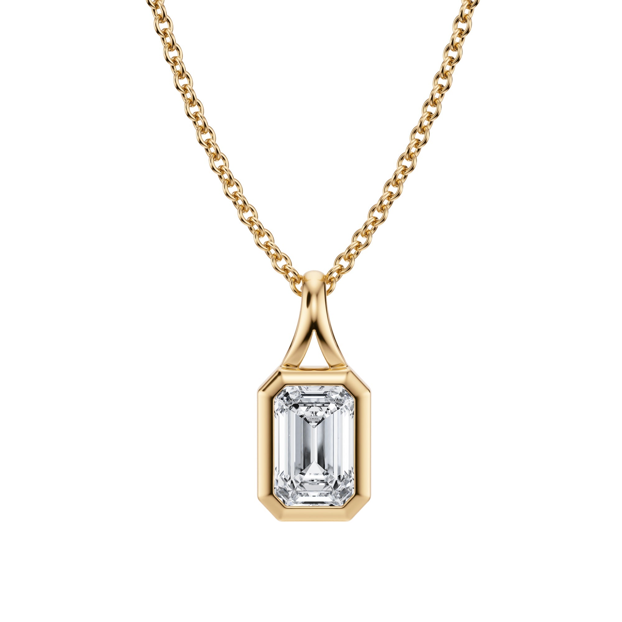 Intricate 1/2 Carat Emerald Lab Grown Diamond Split Bail Bezel Necklace in Yellow Gold