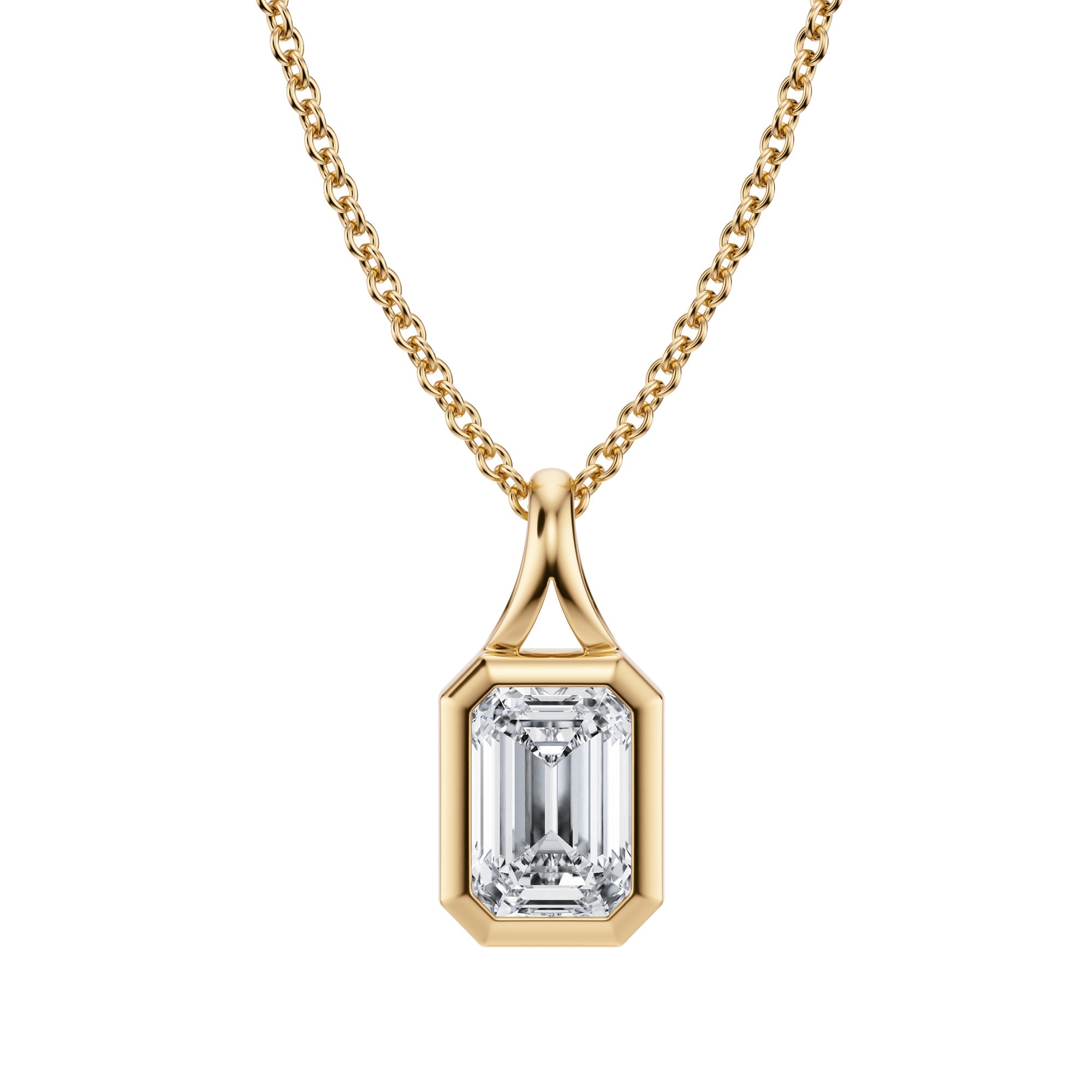 Captivating 3/4 Carat Emerald Lab Grown Diamond Split Bail Bezel Pendant in Yellow Gold