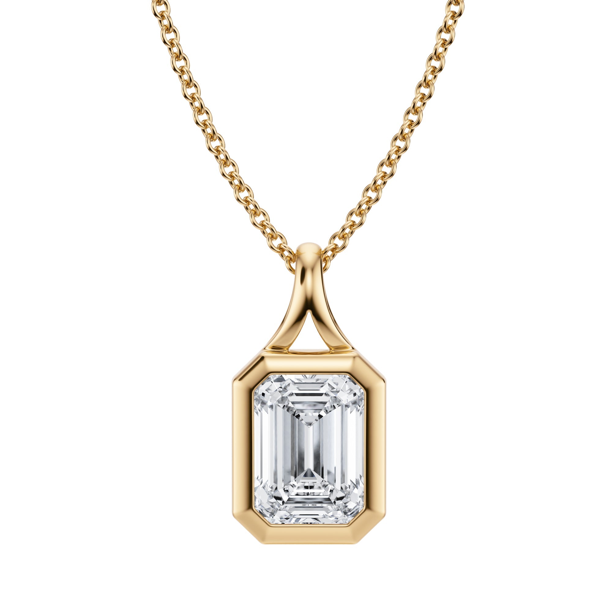 Gorgeous 1.5 Carat Emerald Lab Grown Diamond Split Bail Bezel Necklace in Yellow Gold