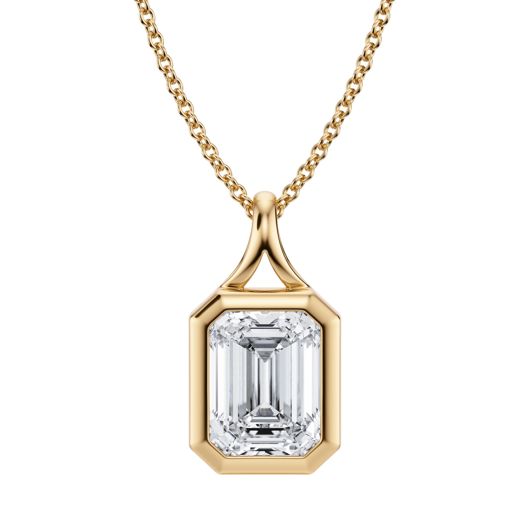 2 Carat Emerald-Shaped Lab Grown Diamond Split Bail Bezel Necklace in Yellow Gold