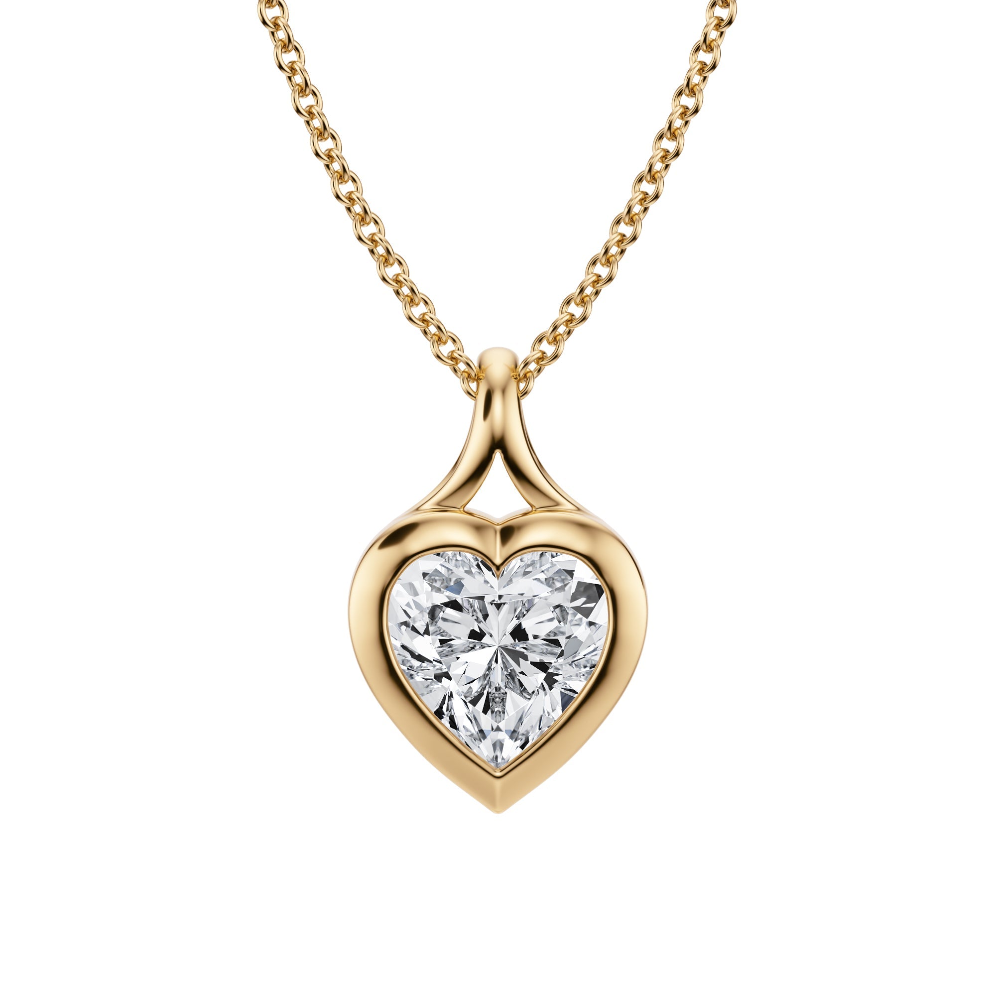 Charming 1.5 Carat Heart Lab Grown Diamond Split Bail Bezel Necklace in Yellow Gold