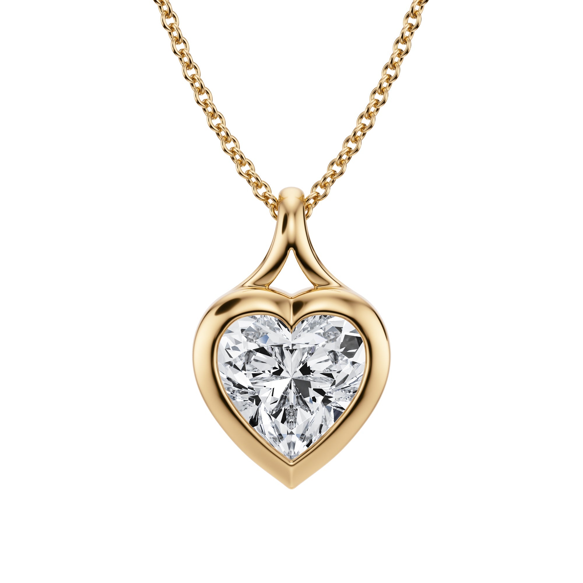 2 Carat Heart Lab Grown Diamond Split Bail Bezel Necklace in Bezel Setting in Yellow Gold