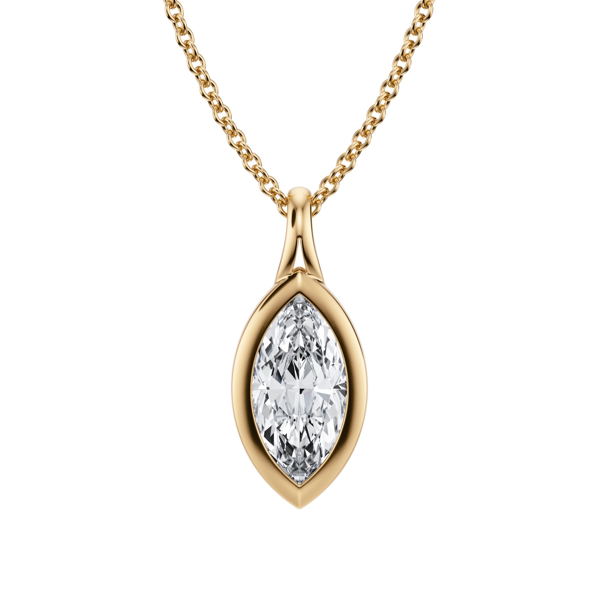 Beautiful 1 Carat Marquise Lab Grown Diamond Split Bail Bezel Necklace in Yellow Gold