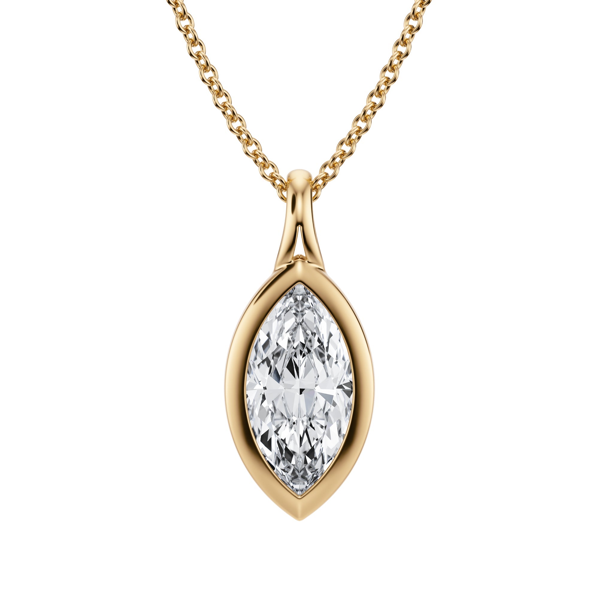 Stylish 1.5 Carat Marquise Lab Grown Diamond Split Bail Bezel Necklace in Yellow Gold