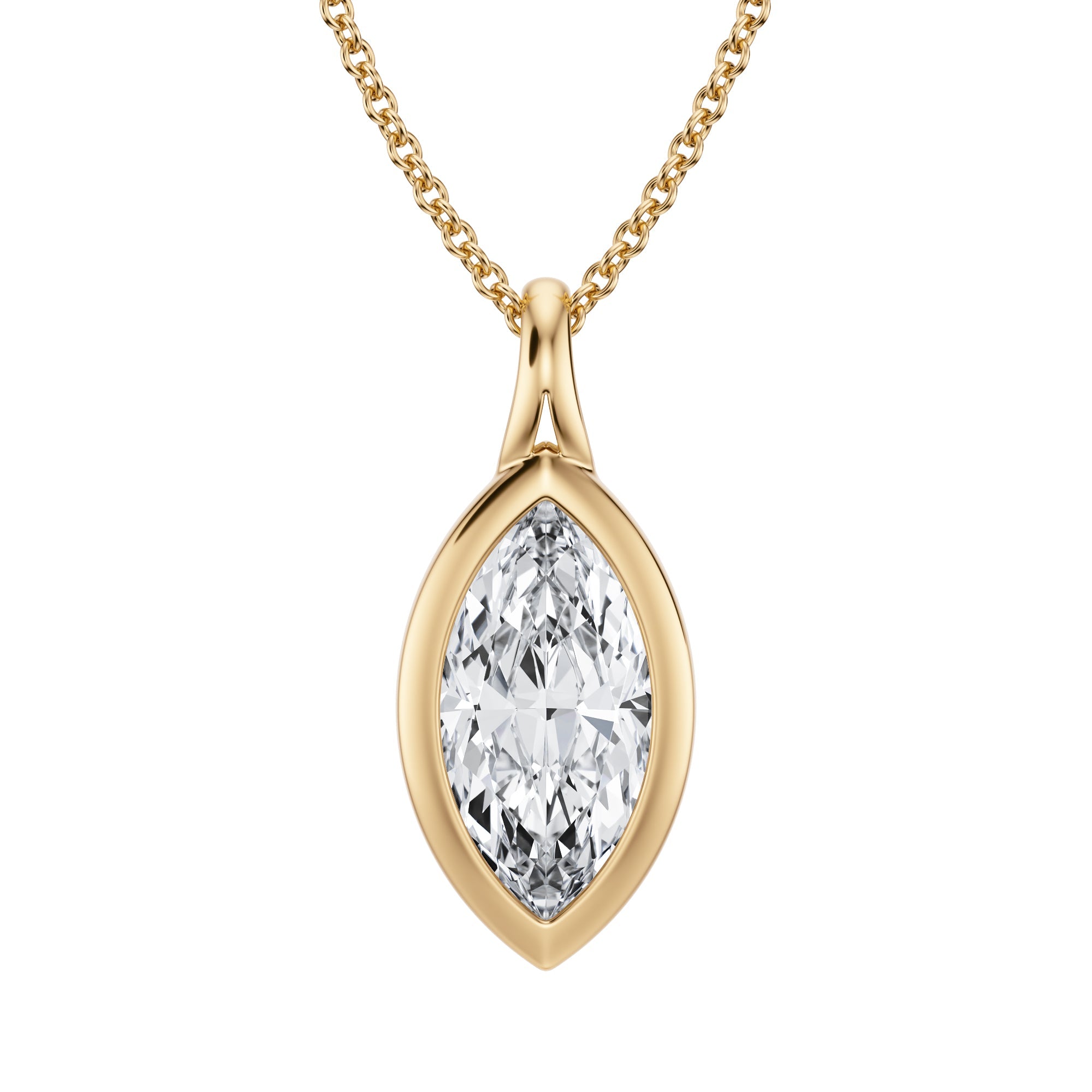 Charming 2 Carat Marquise Lab Grown Diamond Split Bail Bezel Necklace in Yellow Gold