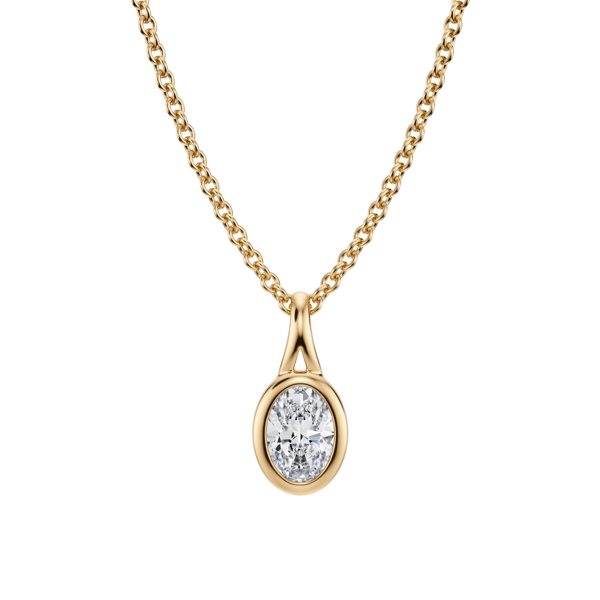 Beautiful Oval Lab Grown Diamond Split Bail Bezel Necklace, 1/4 Carat in Yellow Gold