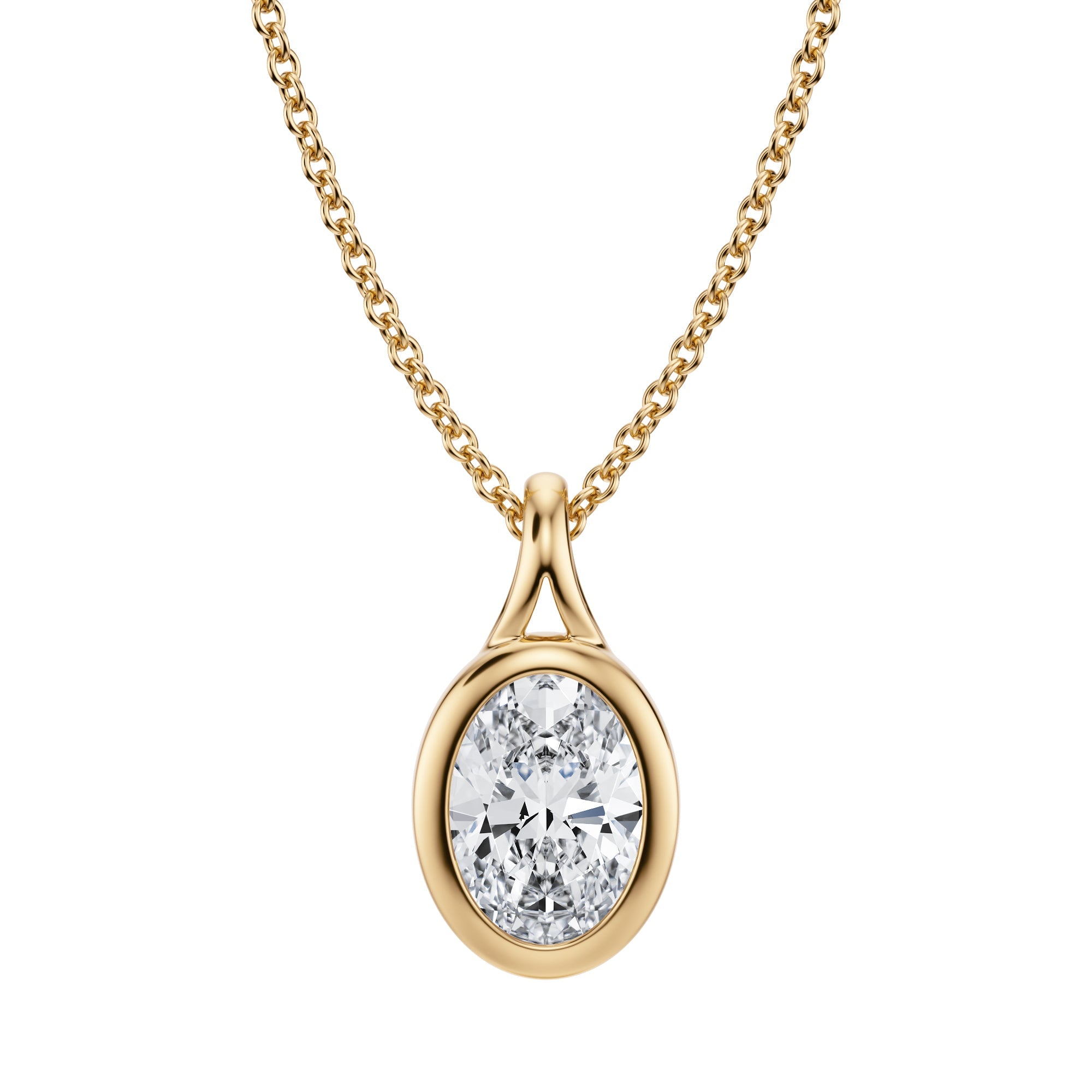 Oval Lab Grown Diamond  Split Bail Bezel Necklace  in Yellow Gold- 1 Carat of Elegance