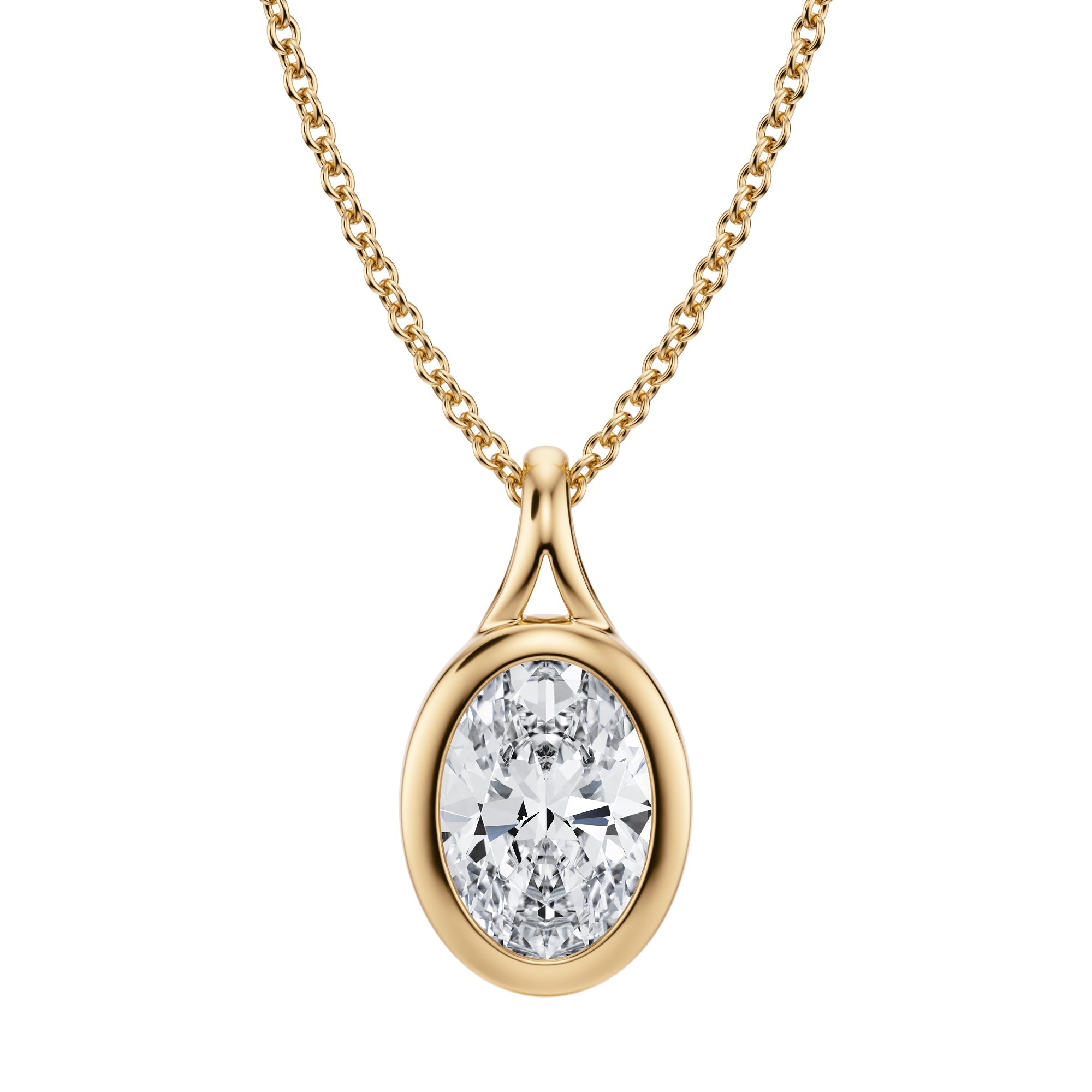 Exquisite 1.5 Carat Oval Lab Grown Diamond Split Bail Bezel Necklace in Yellow Gold