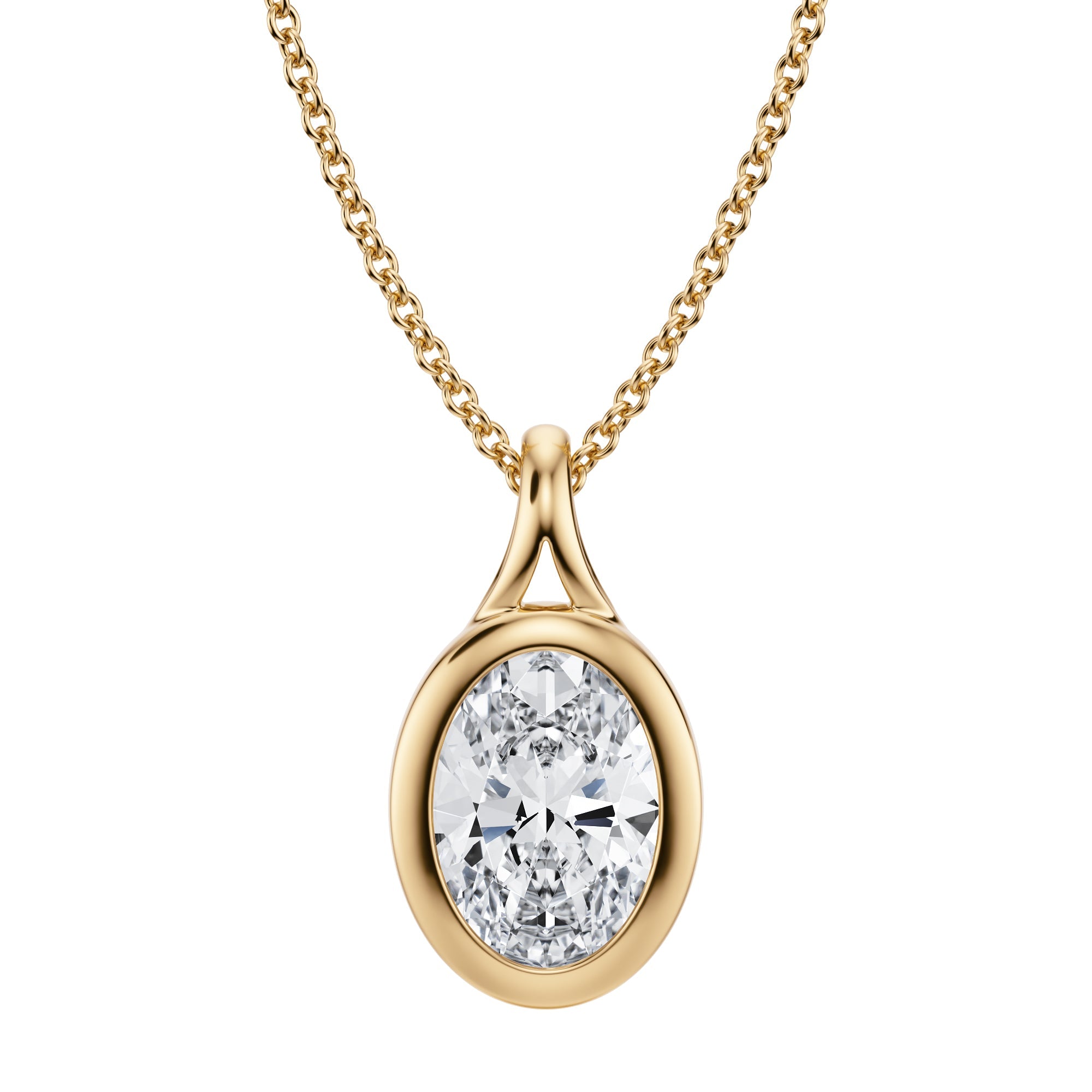 Graceful 2 Carat Oval Lab Grown Diamond  Split Bail Bezel Necklace in Yellow Gold