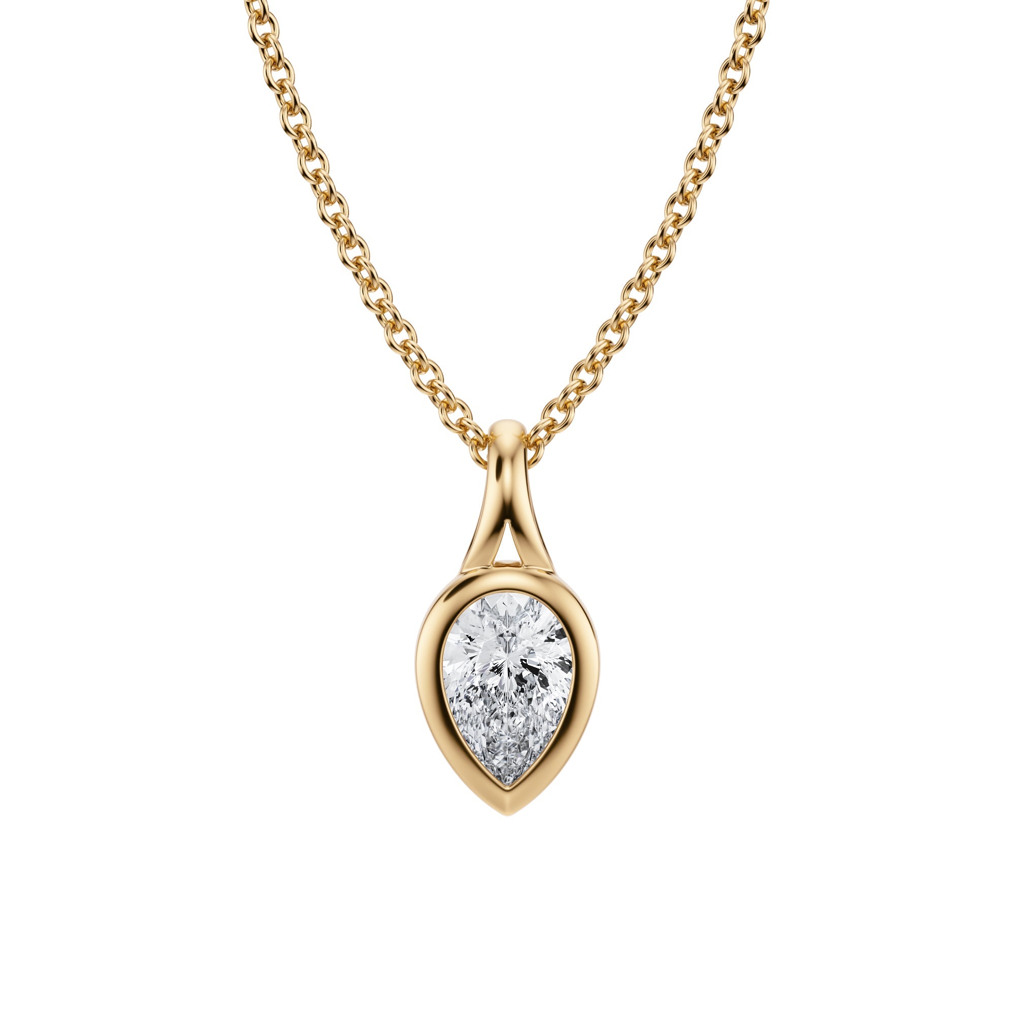 Beautiful 1/2 Carat Pear Lab Grown Diamond Split Bail Bezel Necklace in Yellow Gold