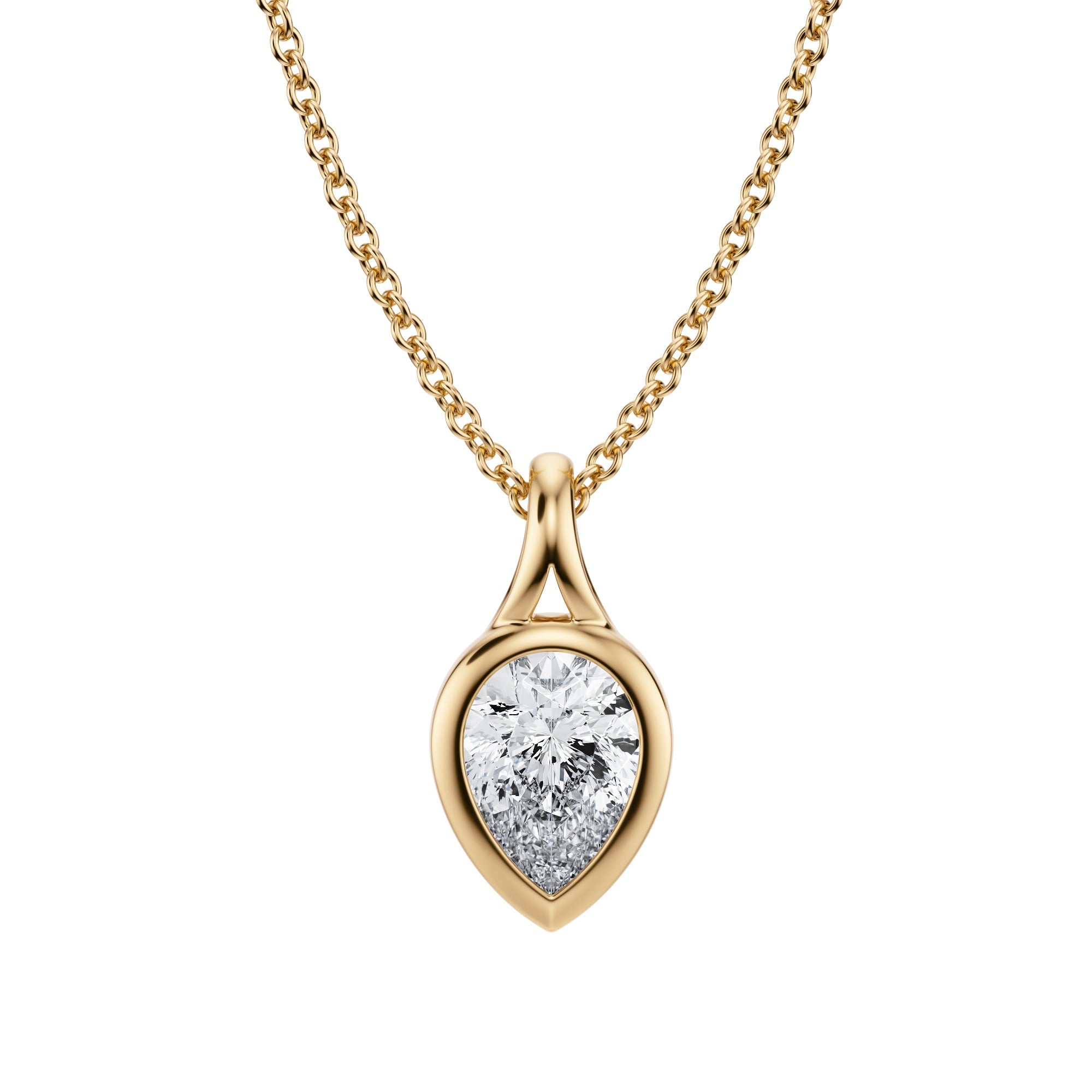 Charming 3/4 Carat Pear Lab Grown Diamond Split Bail Bezel Necklace in Yellow Gold