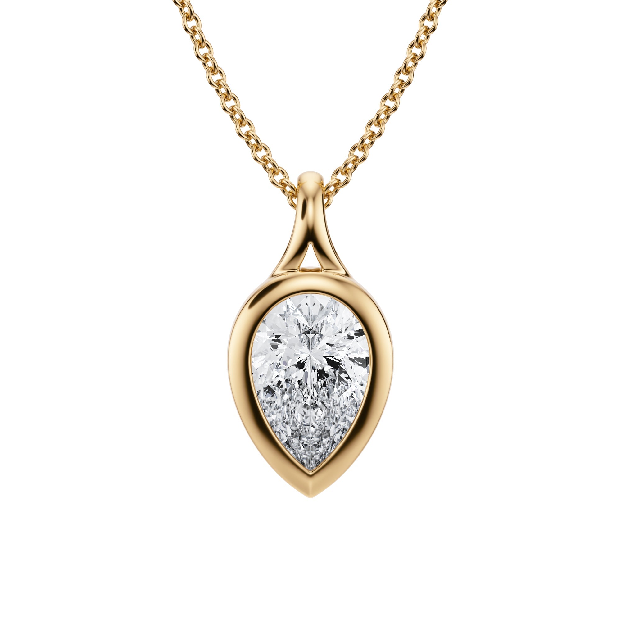 Polished 1.5 Carat Lab Grown Diamond Pear Split Bail Bezel Necklace in Yellow Gold