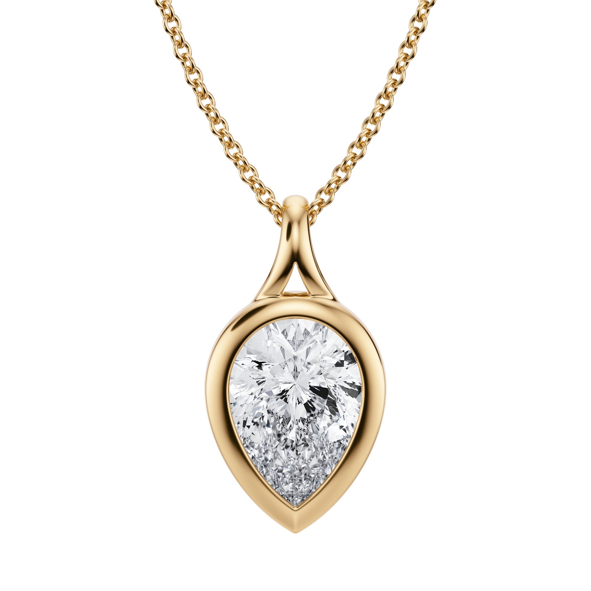 Stylish 2 Carat Lab Grown Diamond Pear Split Bail Bezel Necklace in Yellow Gold