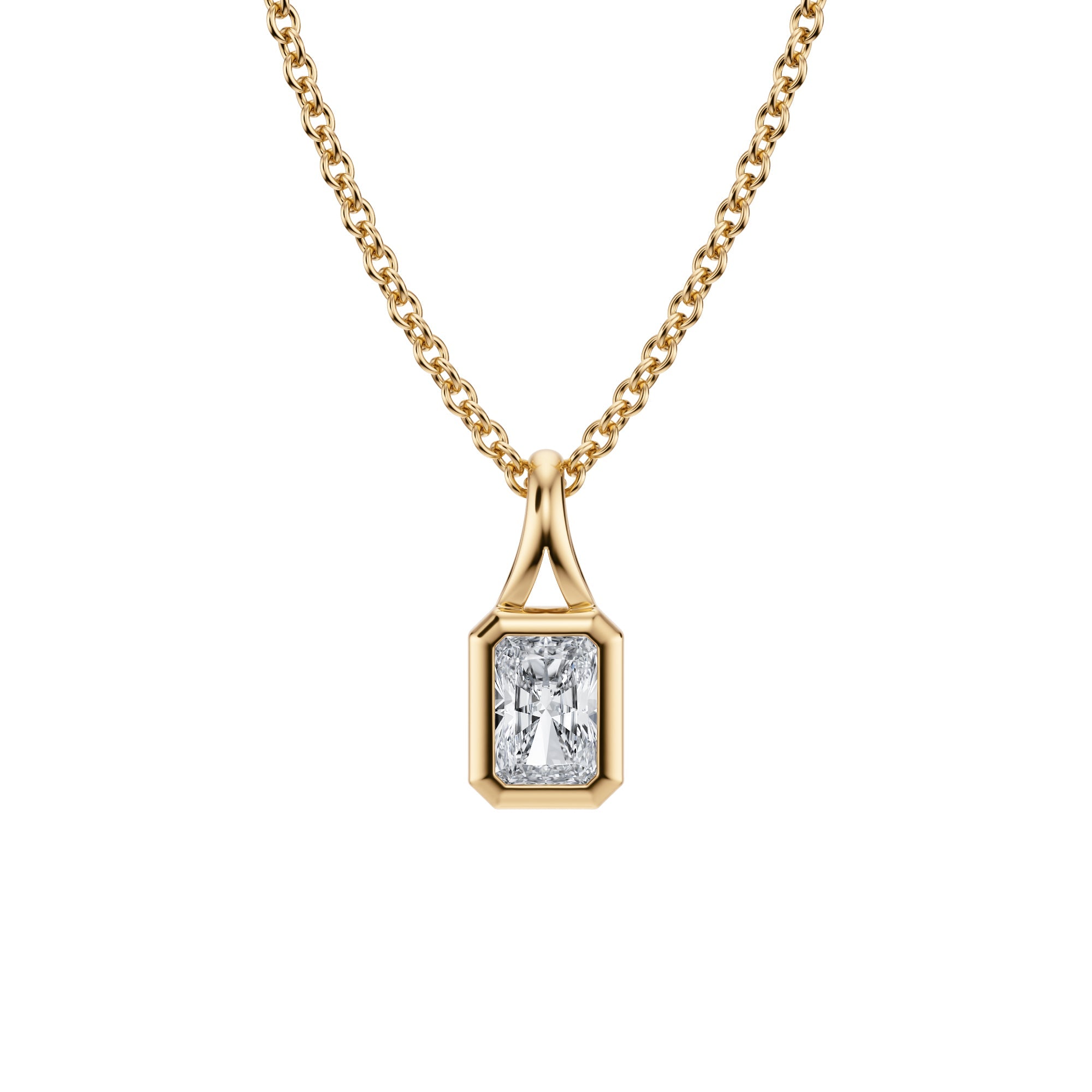 Classic 1/4 Carat Radiant Lab Grown Diamond Split Bail Bezel Necklace in Yellow Gold