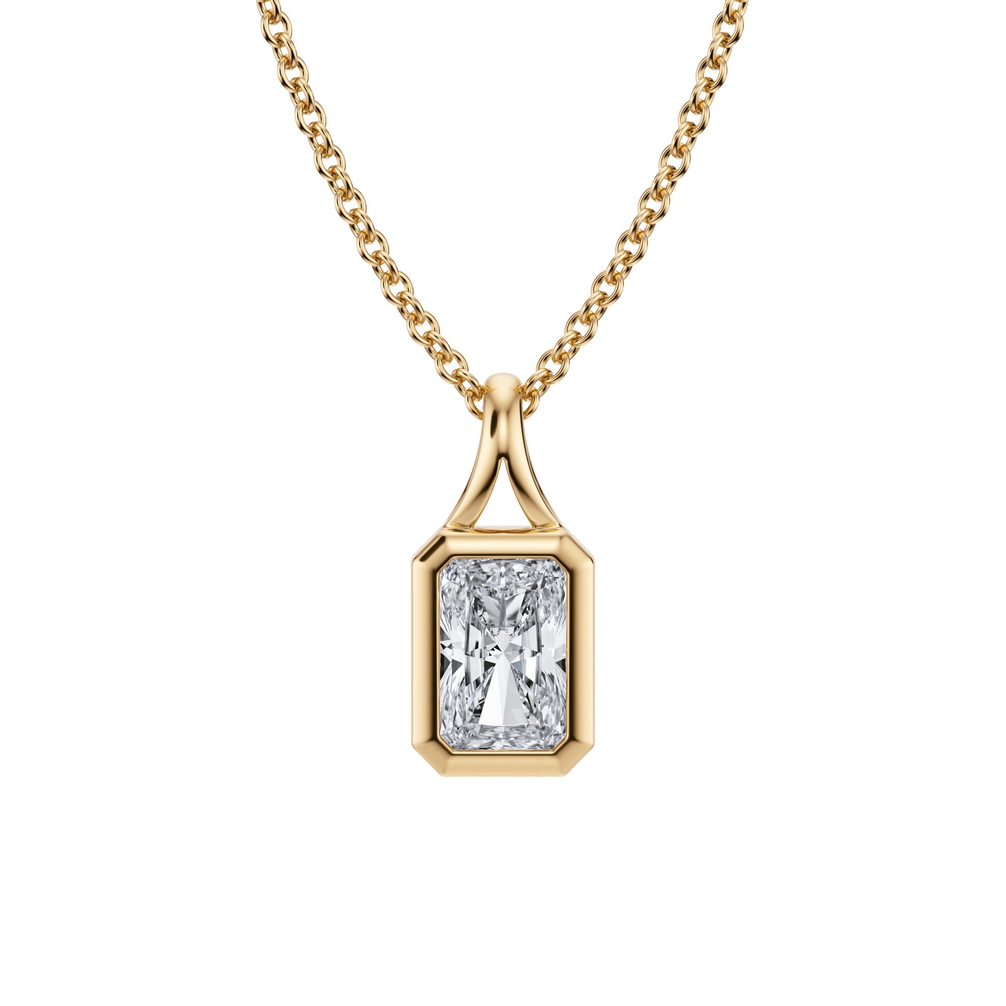 Elegant 1/2 Carat Radiant Lab Grown Diamond Split Bail Bezel Necklace in Yellow Gold