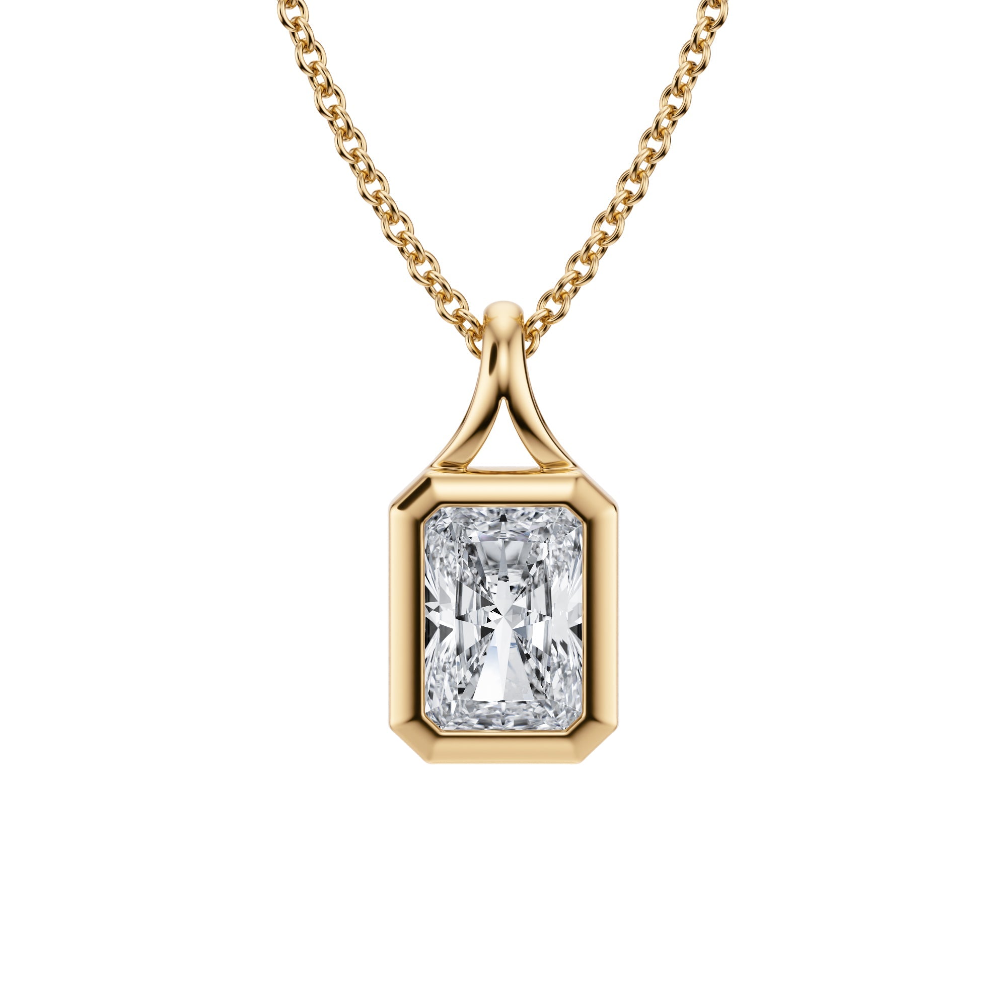 Stylish 1 Carat Radiant Lab Grown Diamond Split Bail Bezel Necklace in Yellow Gold