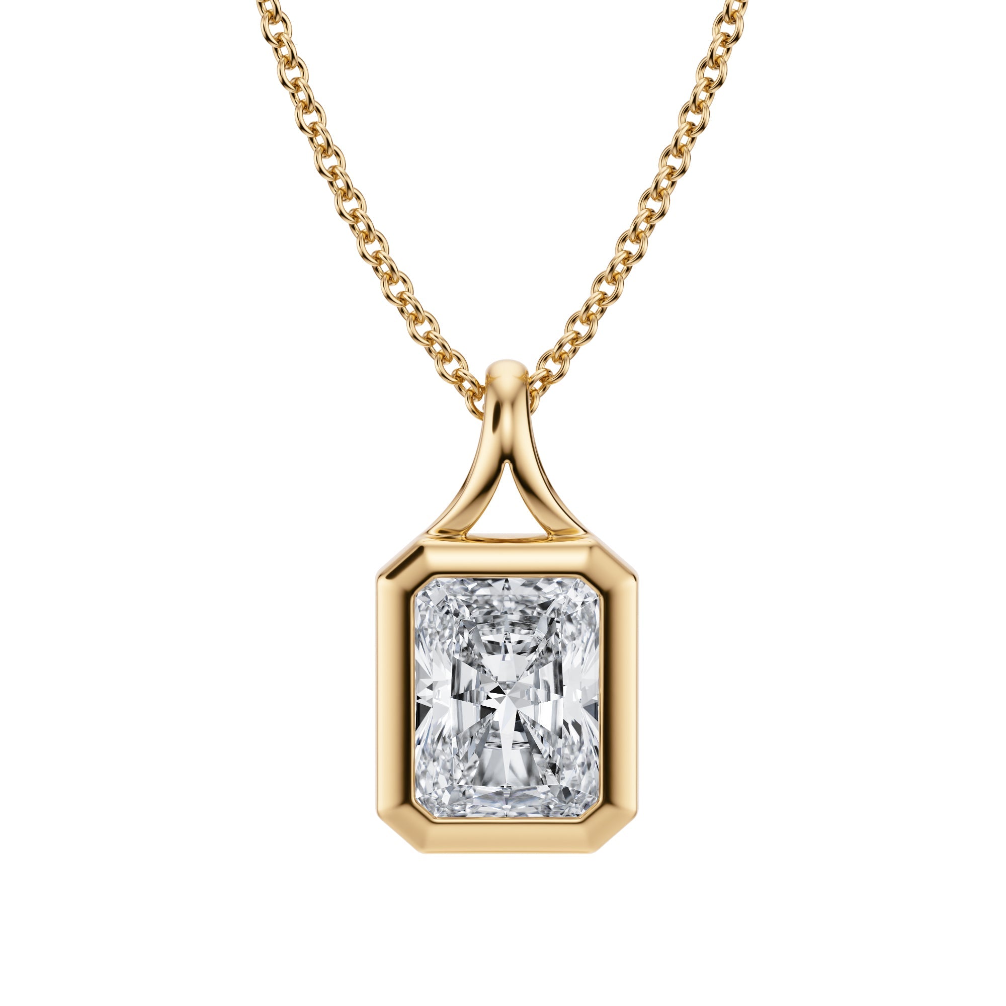 Stunning 1.5 Carat Radiant Lab Grown Diamond Split Bail Bezel Necklace in Yellow Gold