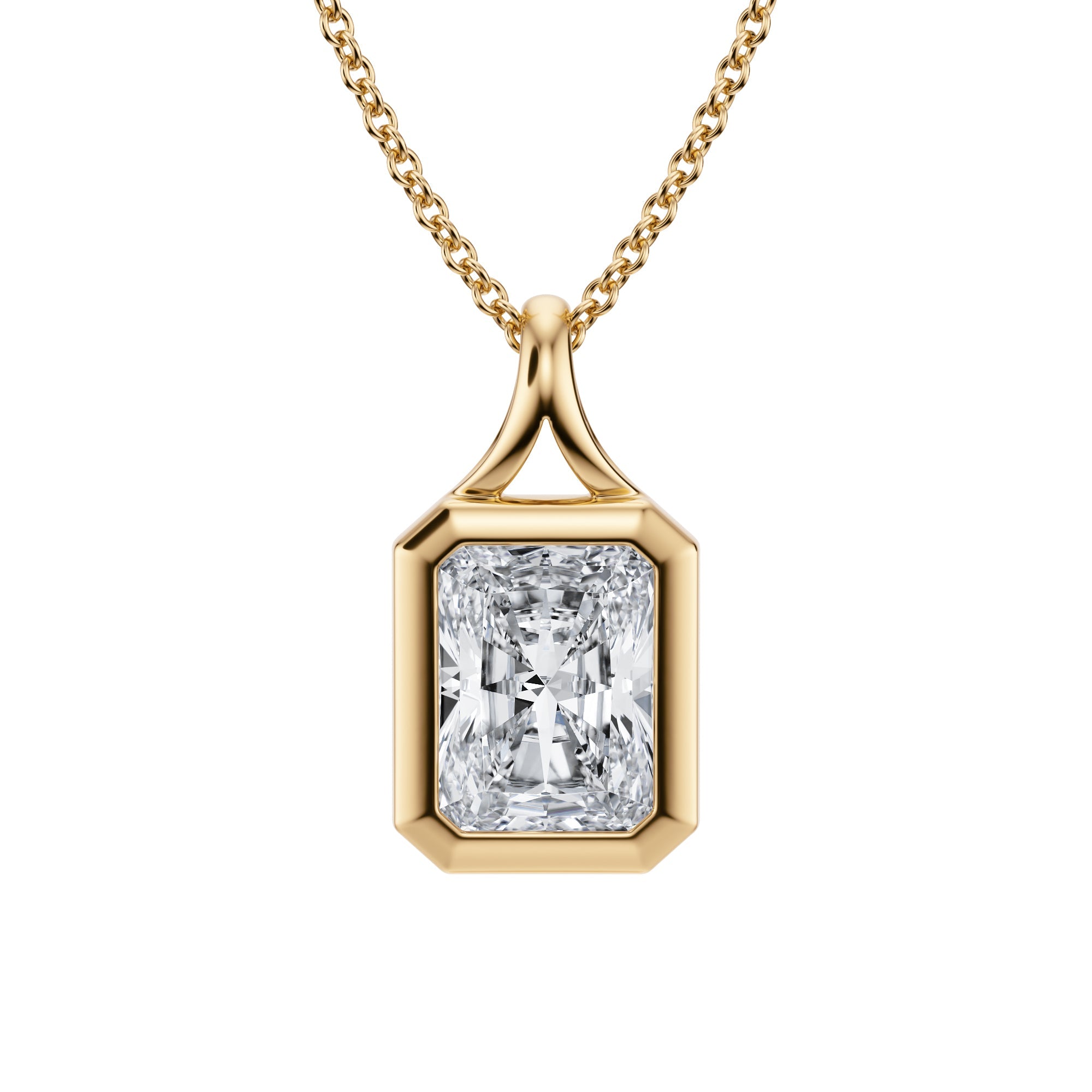 Radiant 2 Carat Lab Grown Diamond Split Bail Bezel Necklace in Yellow Gold