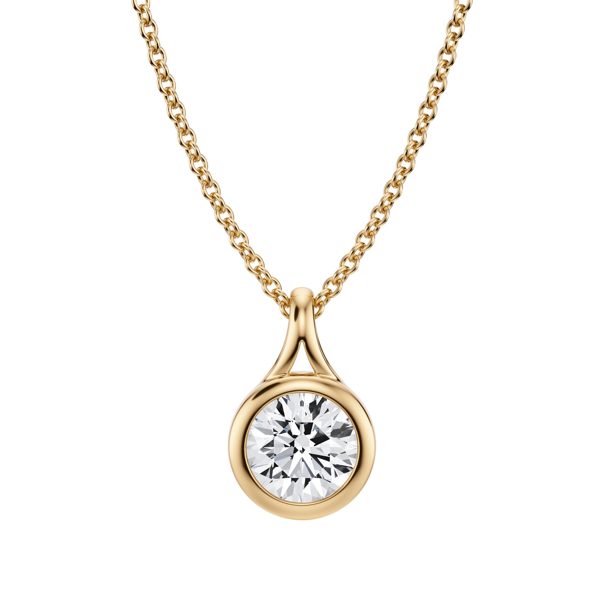 Beautiful 3/4 Carat Round Lab Grown Diamond Split Bail Bezel Necklace in Yellow Gold