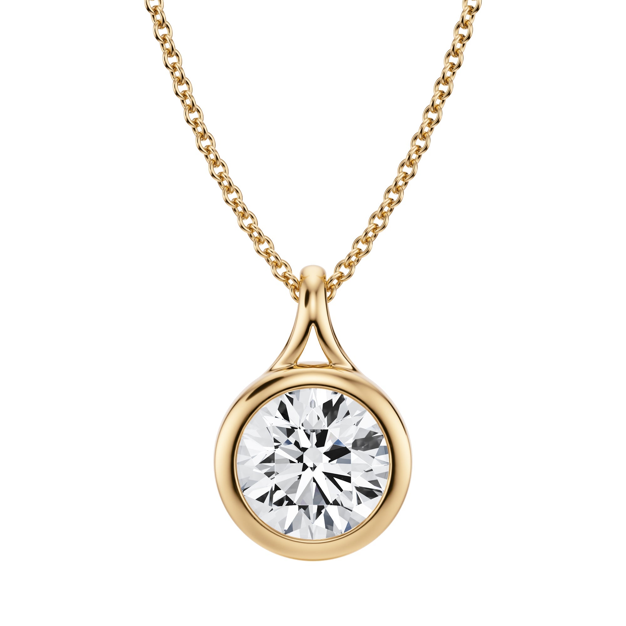 Charming 1.5 Carat Round Lab Grown Diamond Split Bail Bezel Necklace in Yellow Gold