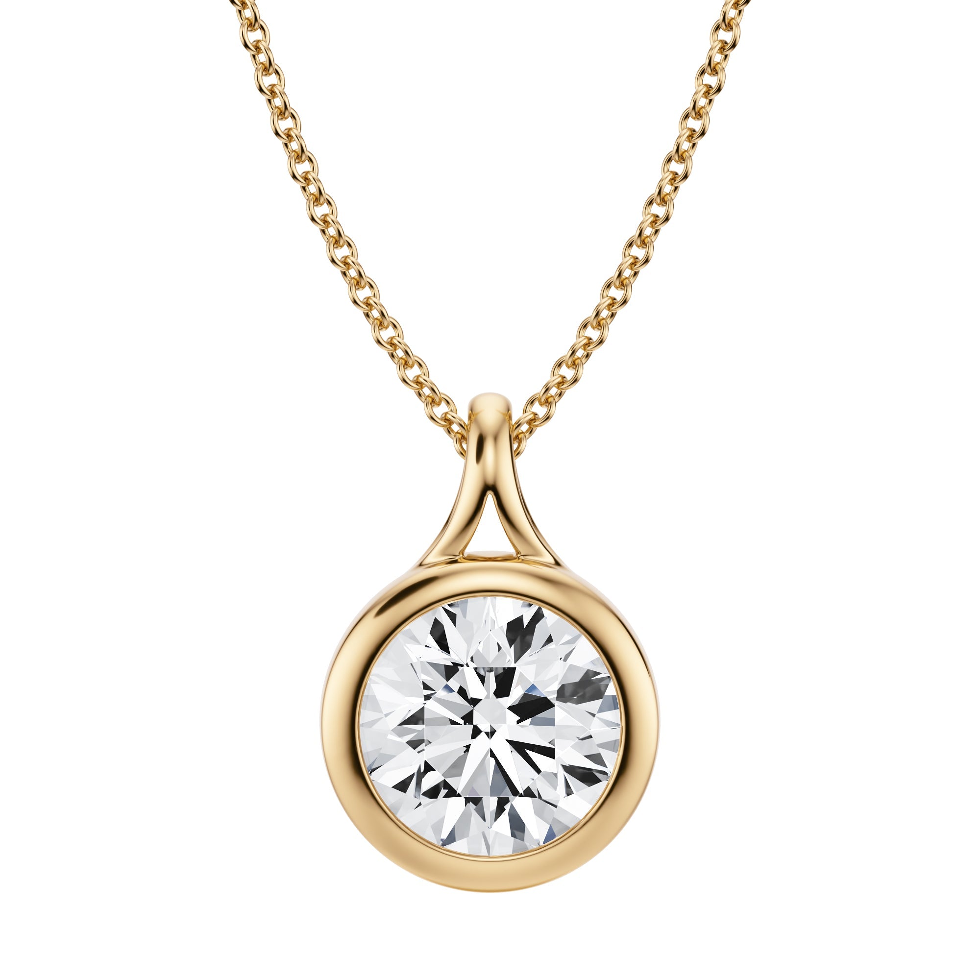 Exquisite 2 Carat Round Lab Grown Diamond Split Bail Bezel Necklace in Yellow Gold