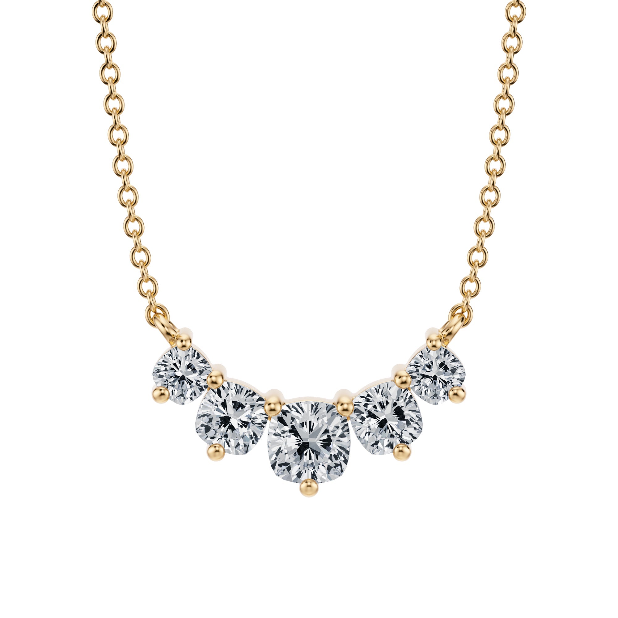 Luxurious 1 TCW graduated necklace with 
lab grown cushion diamonds in yellow gold.