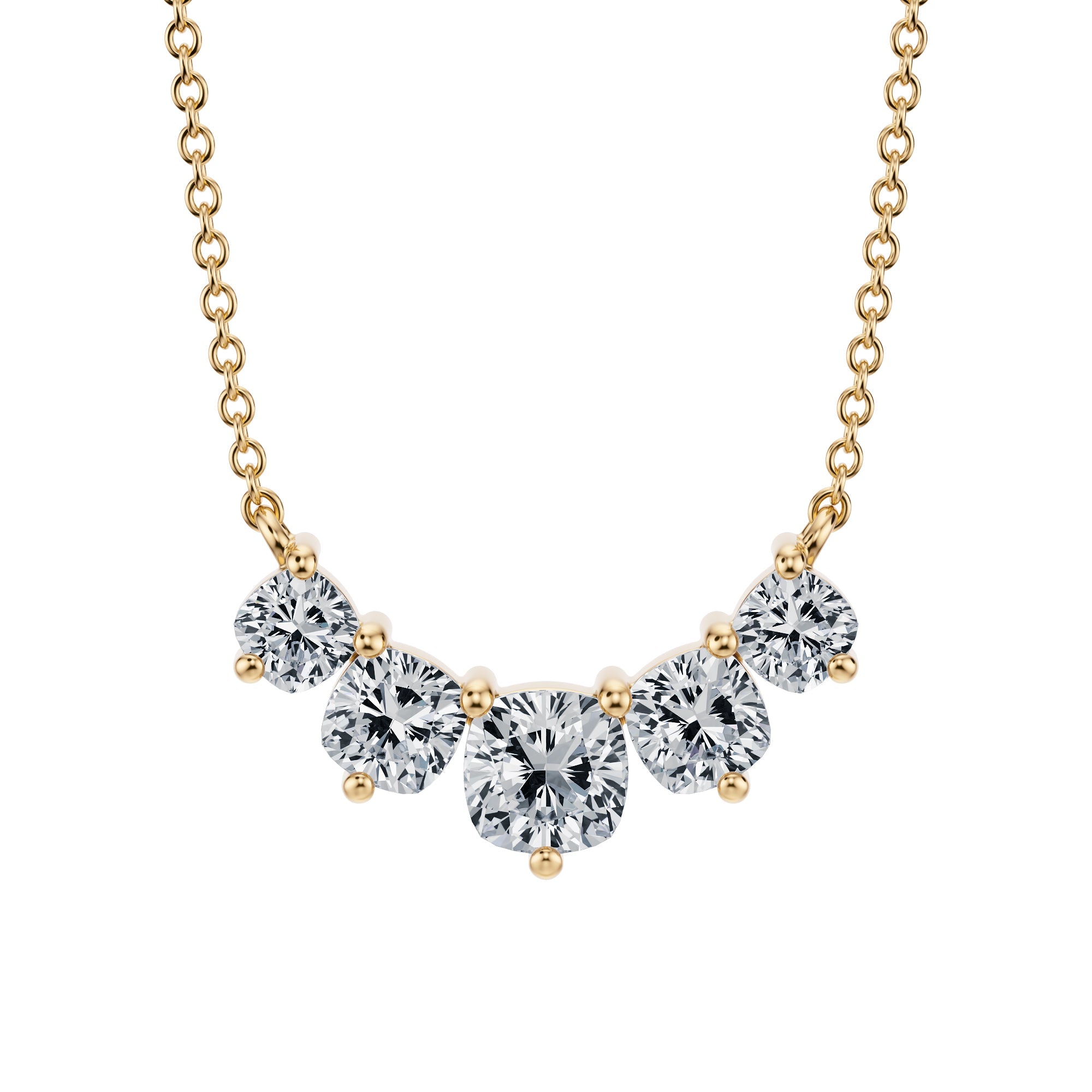 Stunning 1.5 TCW cushion lab grown diamond 
necklace, graduated design in yellow gold.