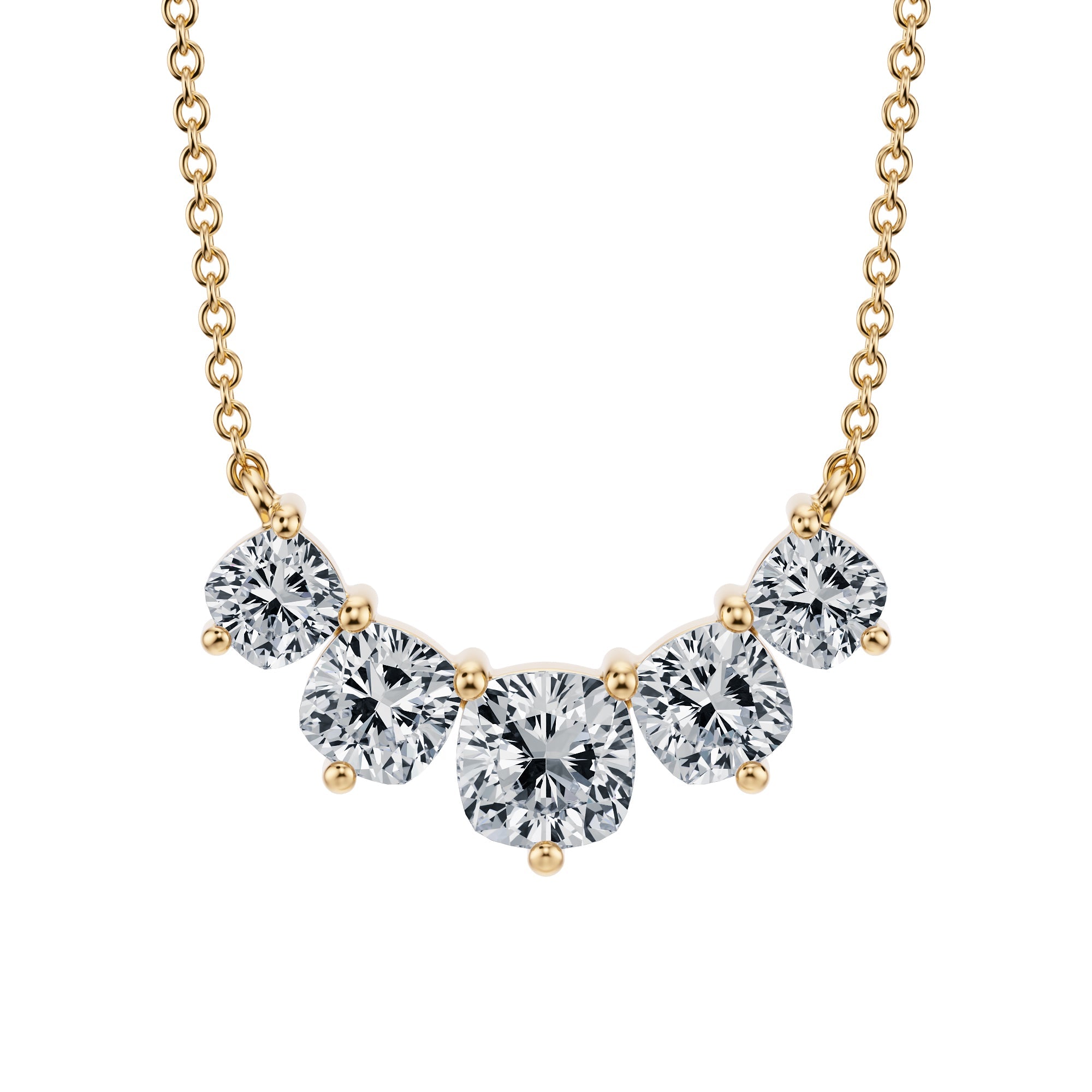 Indulge in a 2 TCW graduated cushion 
lab grown diamond necklace in yellow gold.