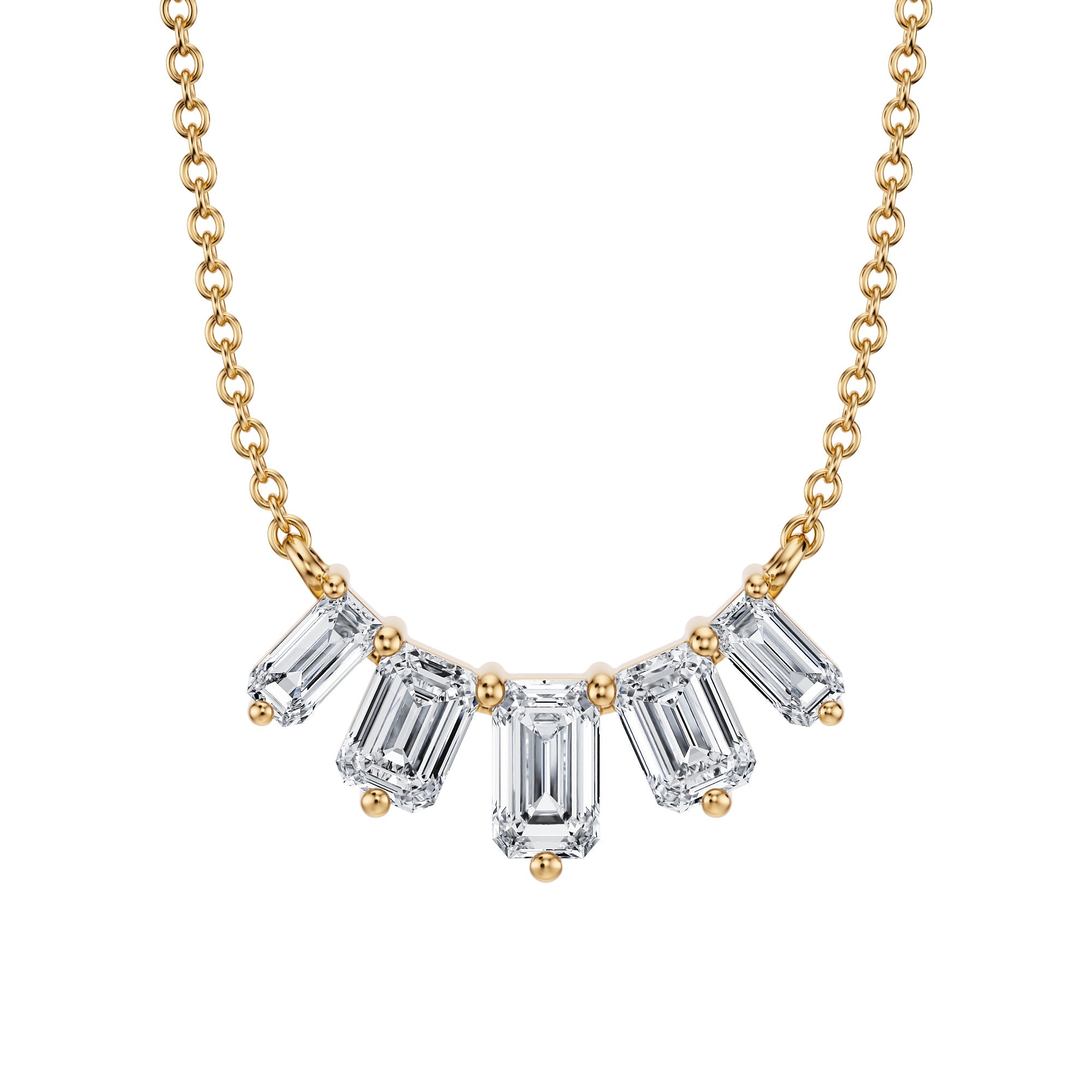 Classic 1 TCW lab grown emerald cut 
diamond necklace in yellow gold, graduated style.