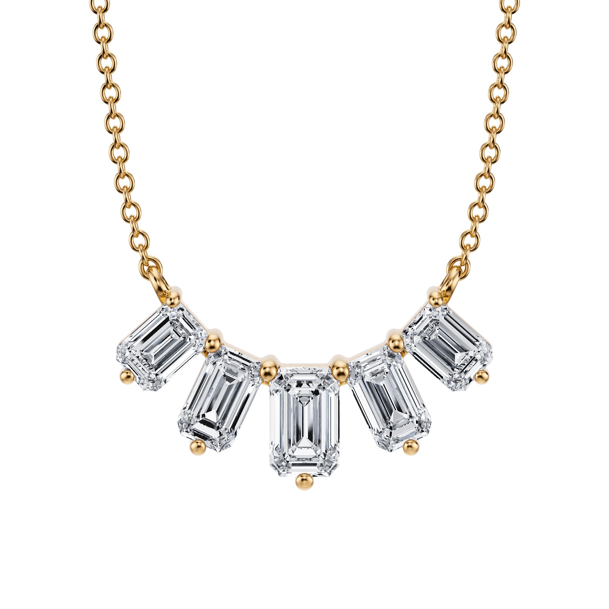 Luxurious 1.5 TCW lab grown emerald cut diamond 
necklace in yellow gold, graduated design.