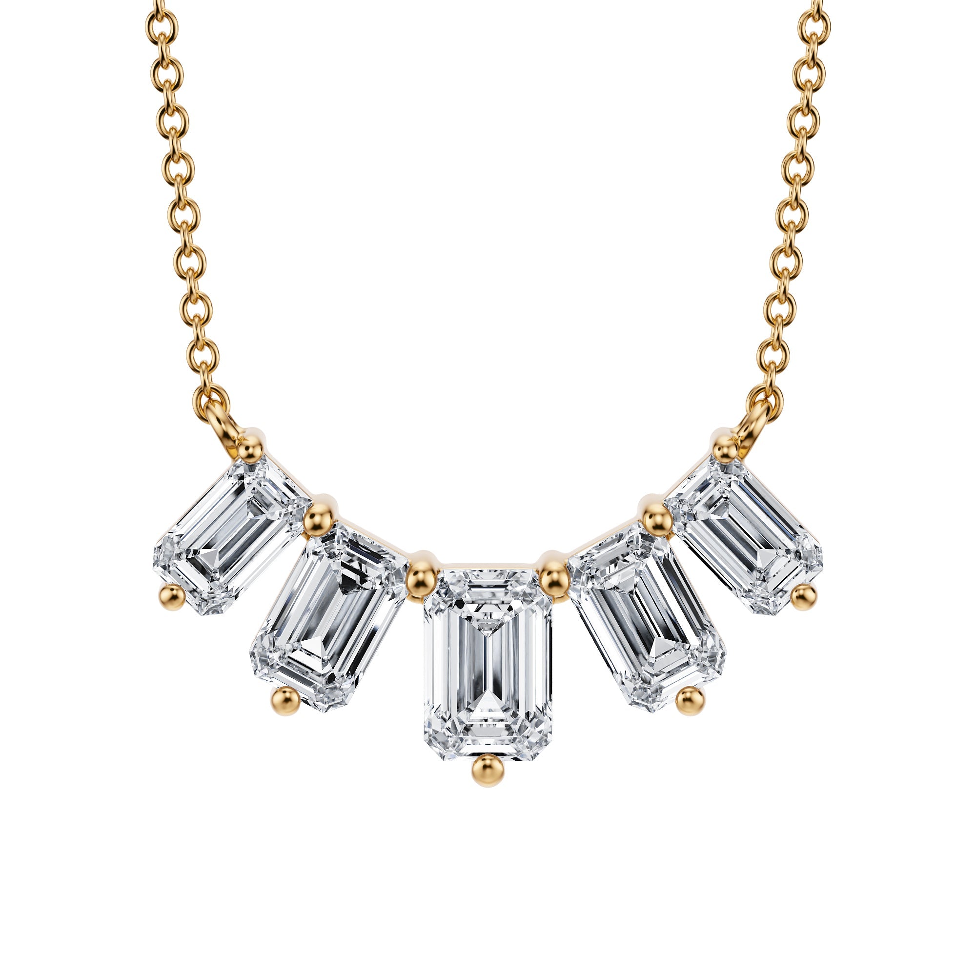 Dazzling 2 TCW graduated lab grown 
emerald cut diamond necklace in yellow gold.