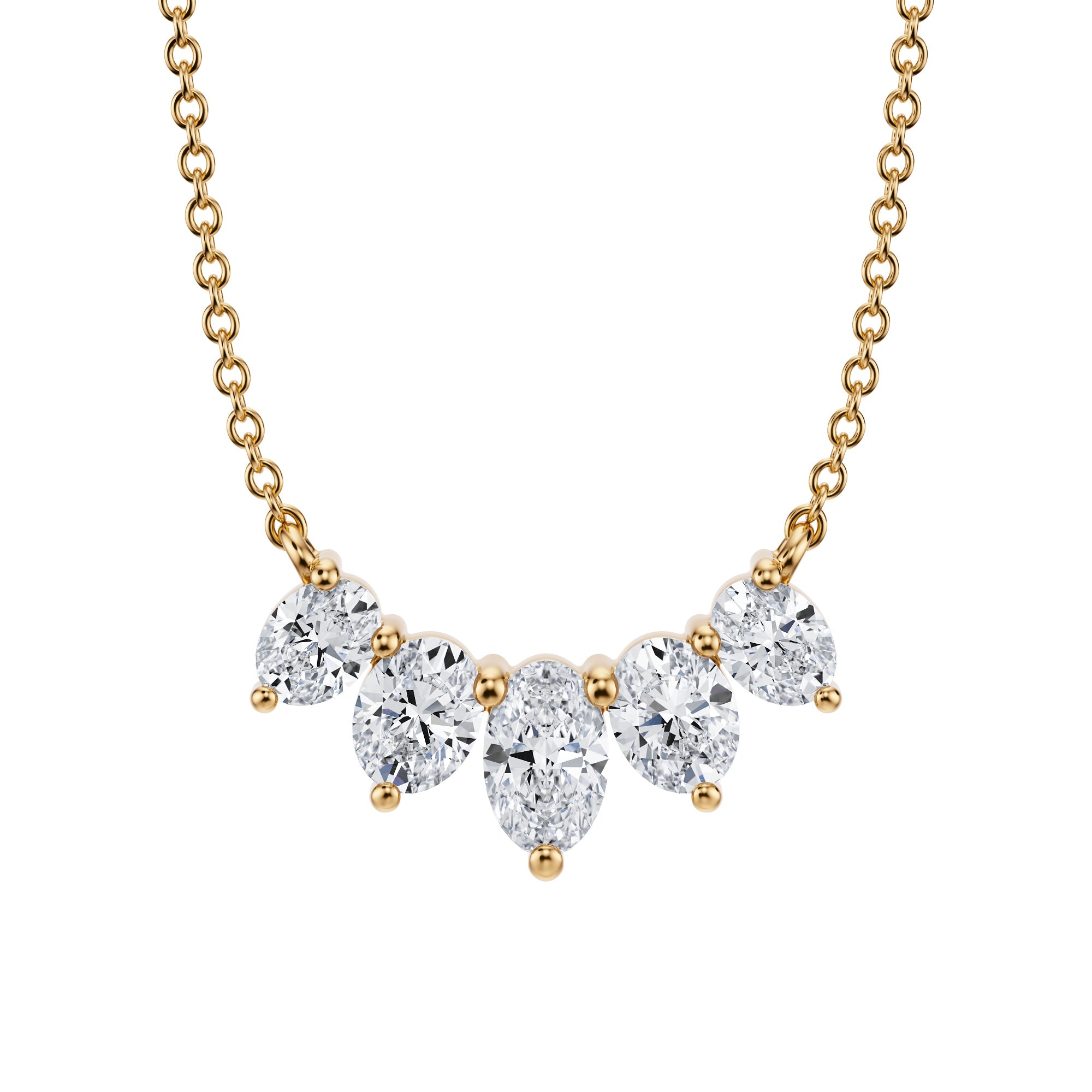 Elegant 1 TCW graduated lab grown oval 
cut diamond necklace in yellow gold.