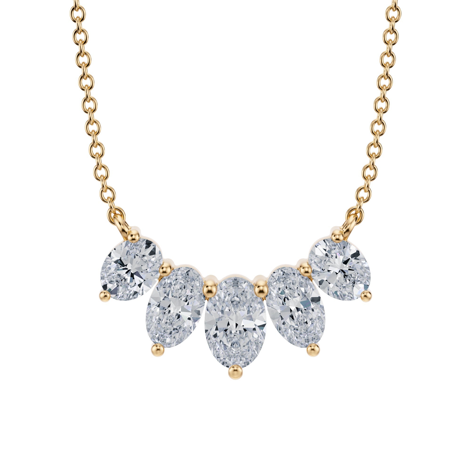 Dazzling 1.5 TCW graduated lab grown oval 
cut diamond necklace in yellow gold.