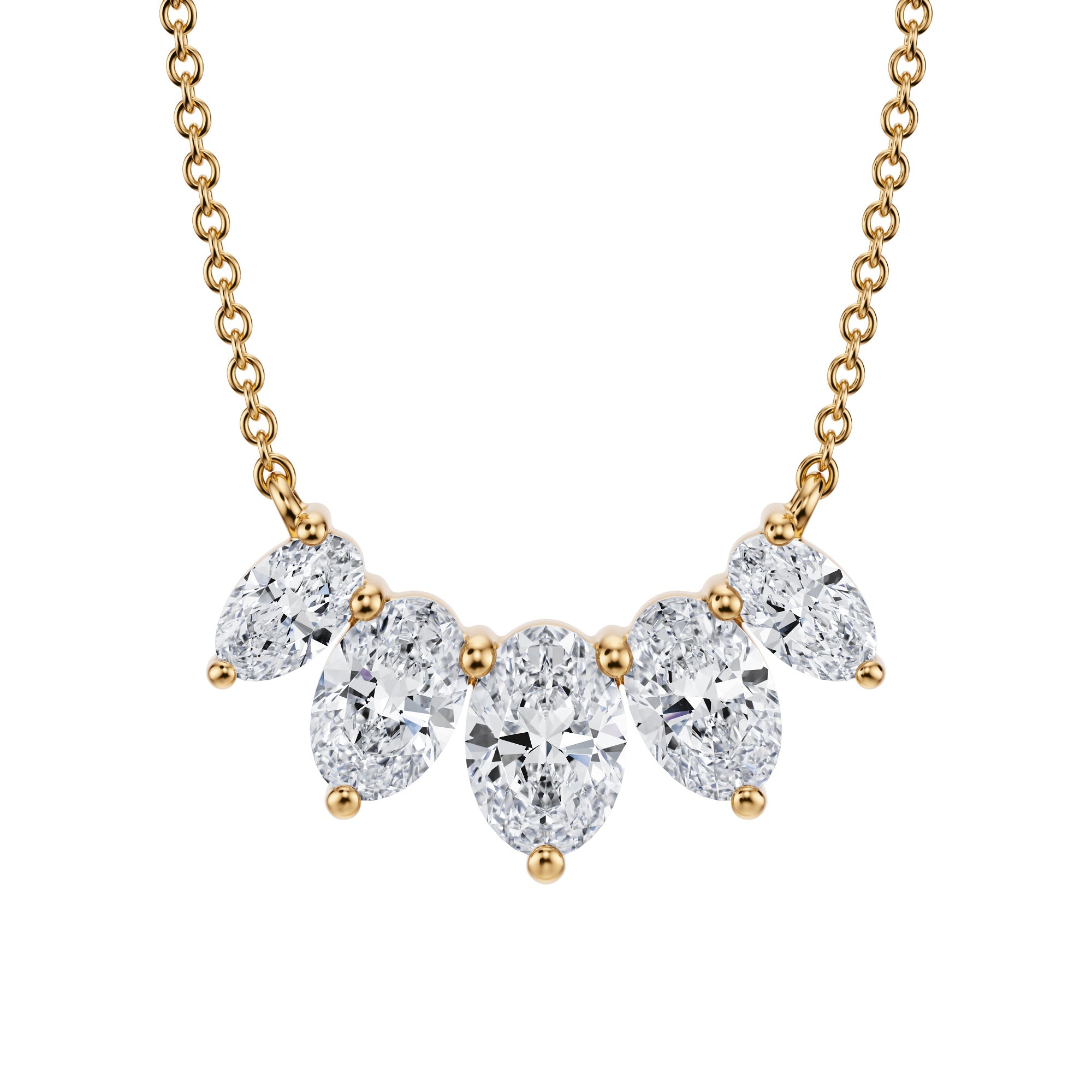 Glamorous 2 TCW graduated necklace 
featuring lab grown oval cut diamonds
in yellow gold.