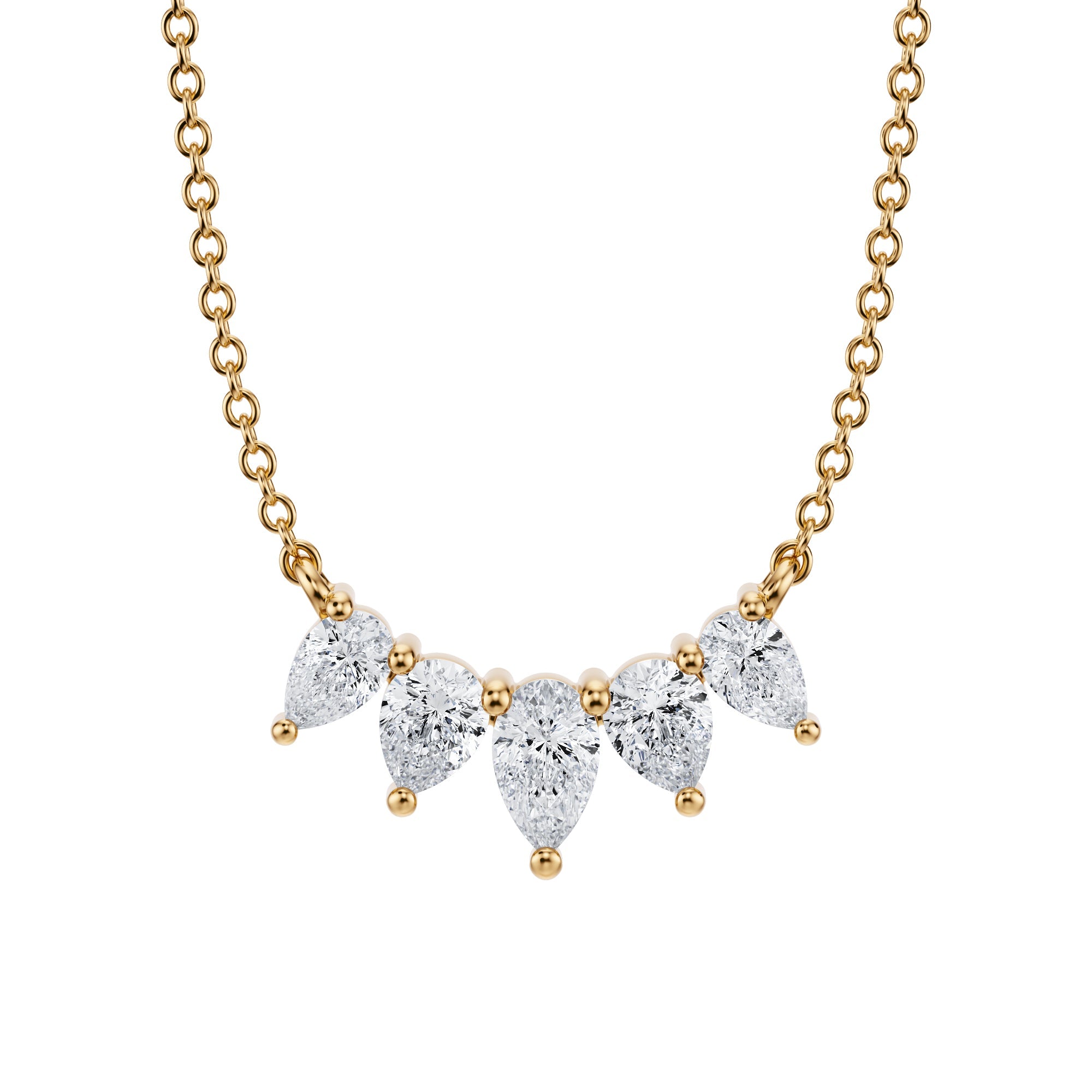 Luxurious 1 TCW graduated lab grown 
pear diamond necklace in yellow gold.