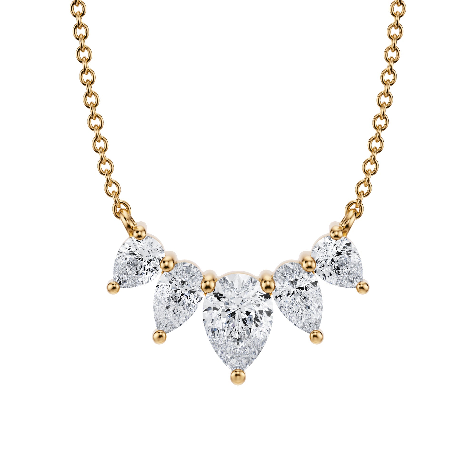 Sophisticated 1.5 TCW pear cut lab grown 
diamond graduated necklace in yellow gold.