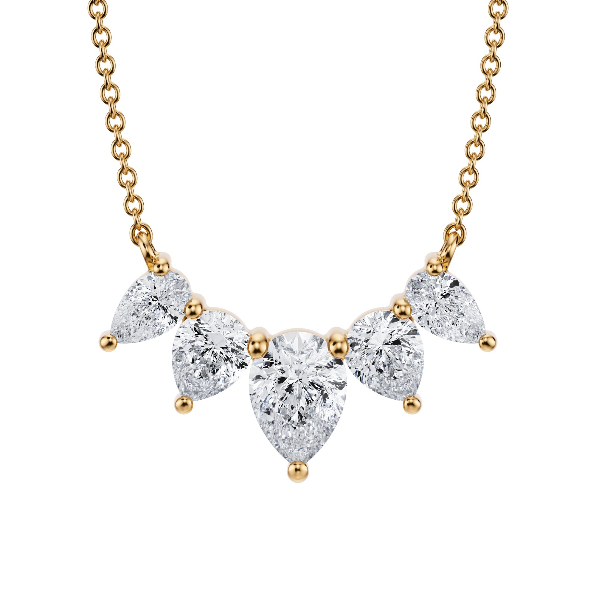 Stunning 2 TCW graduated necklace with 
lab grown 
pear cut diamonds in yellow gold.