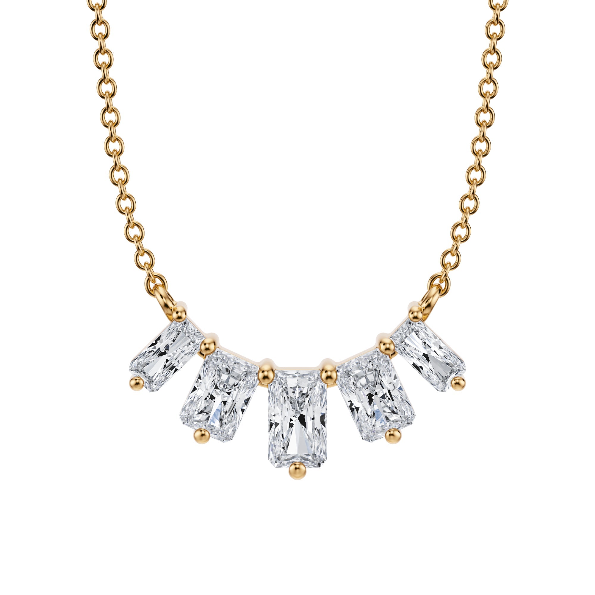 Premium 1 TCW graduated radiant lab grown 
diamond necklace in yellow gold.