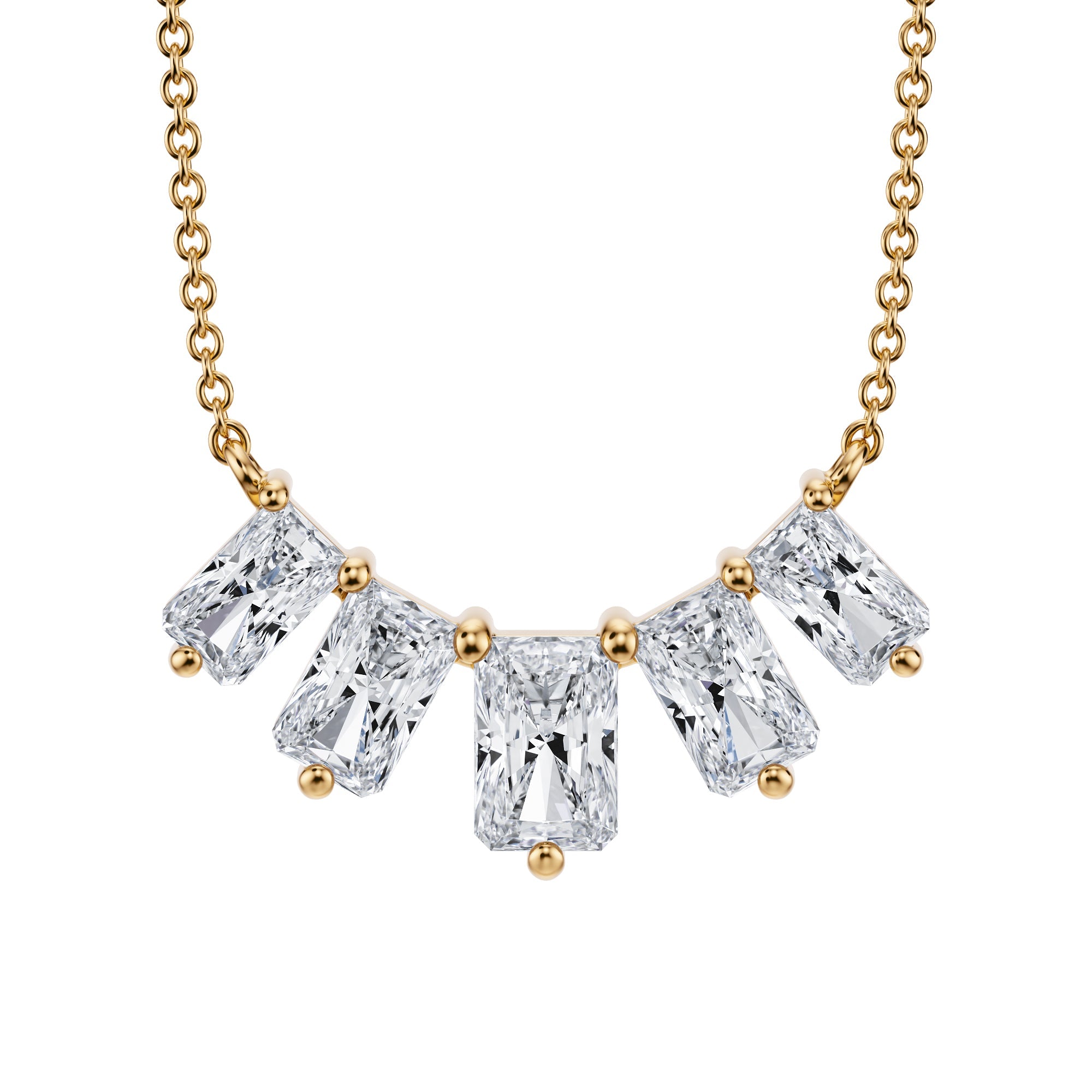 Glamorous 2 TCW graduated lab grown 
radiant diamond necklace in platinum.