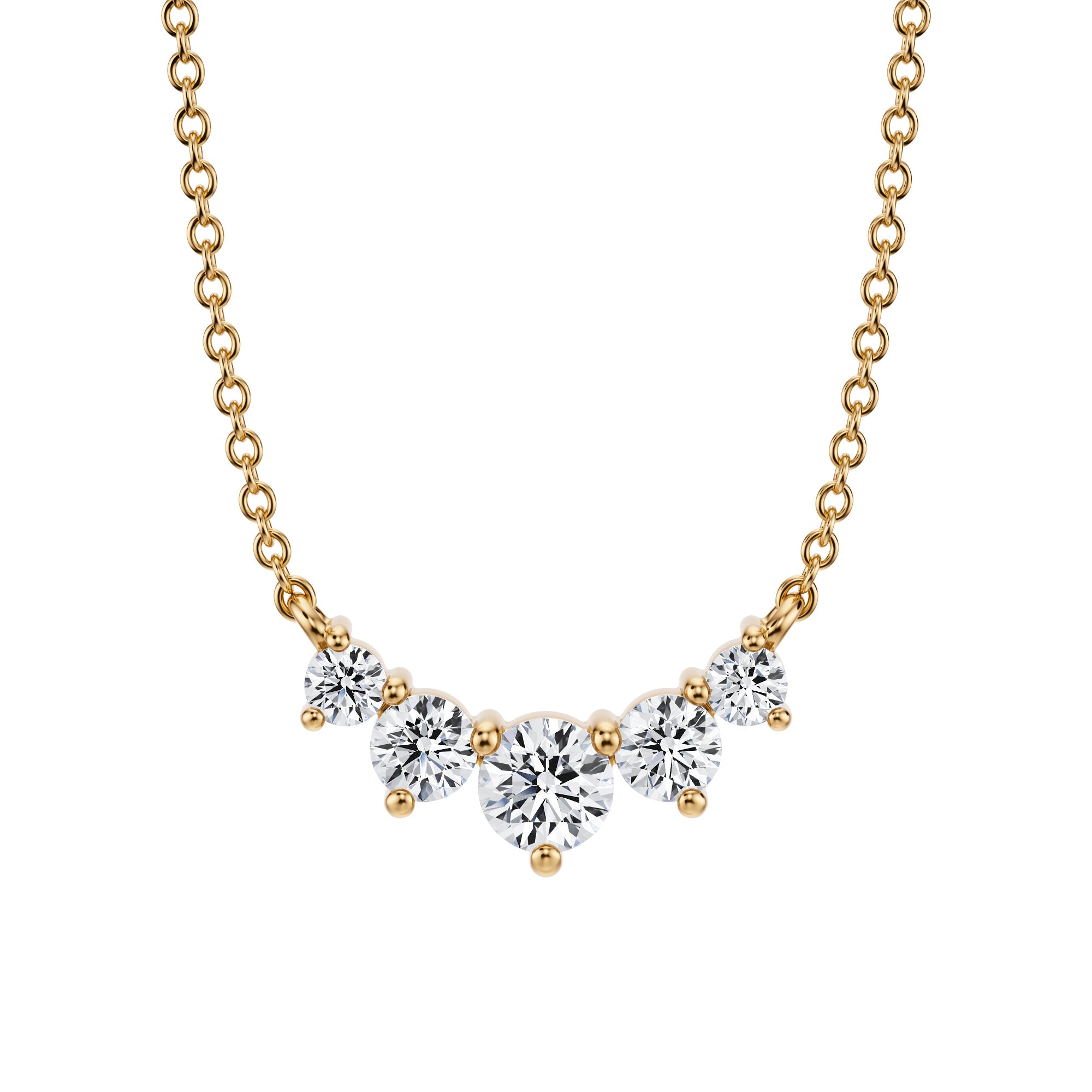 Chic 1/2 TCW lab grown diamond necklace 
with 5 yellow gold prong-set stones.