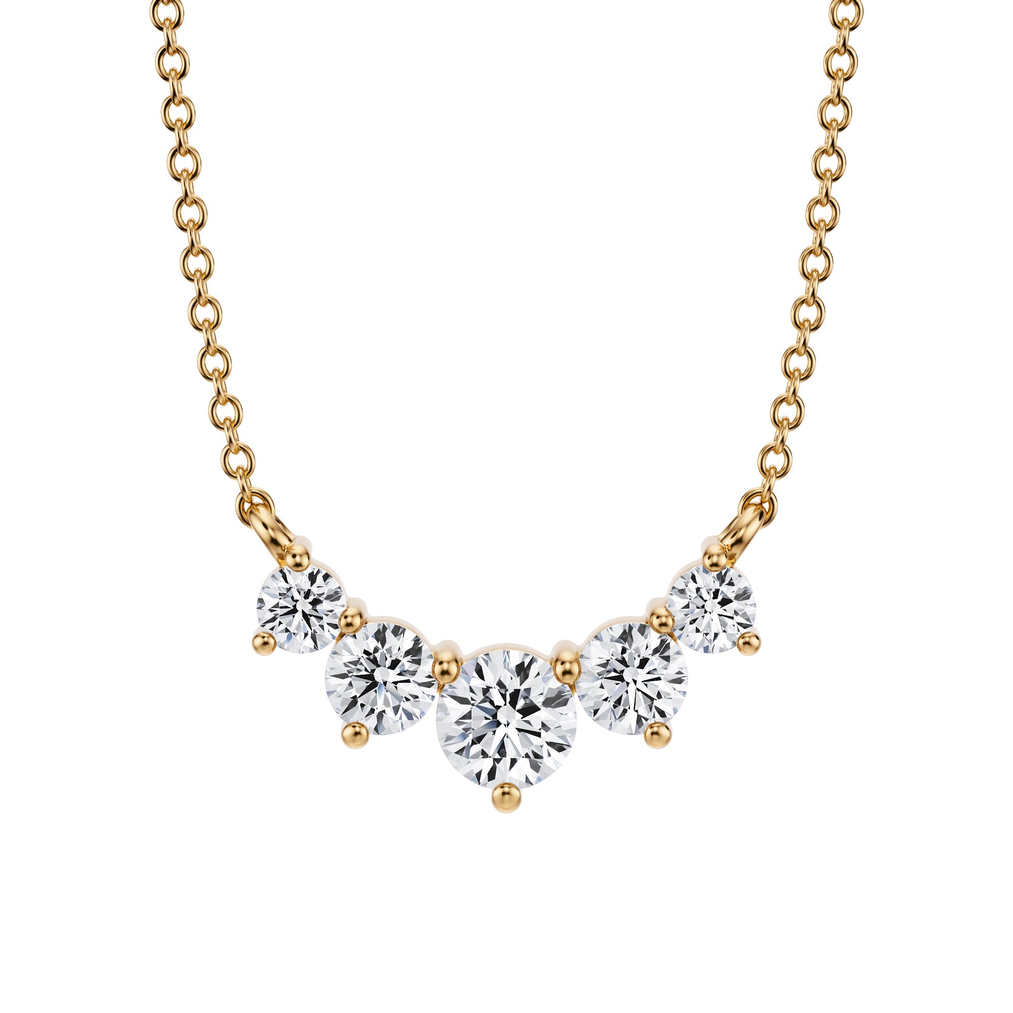 Luxurious 3/4 TCW graduated lab grown diamond 
necklace set in yellow gold.