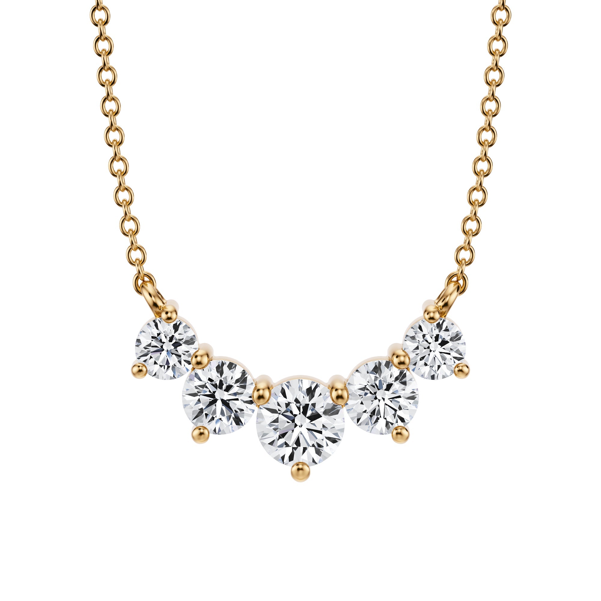 Opulent 3/4 TCW graduated lab grown 
diamond necklace in a yellow gold setting.