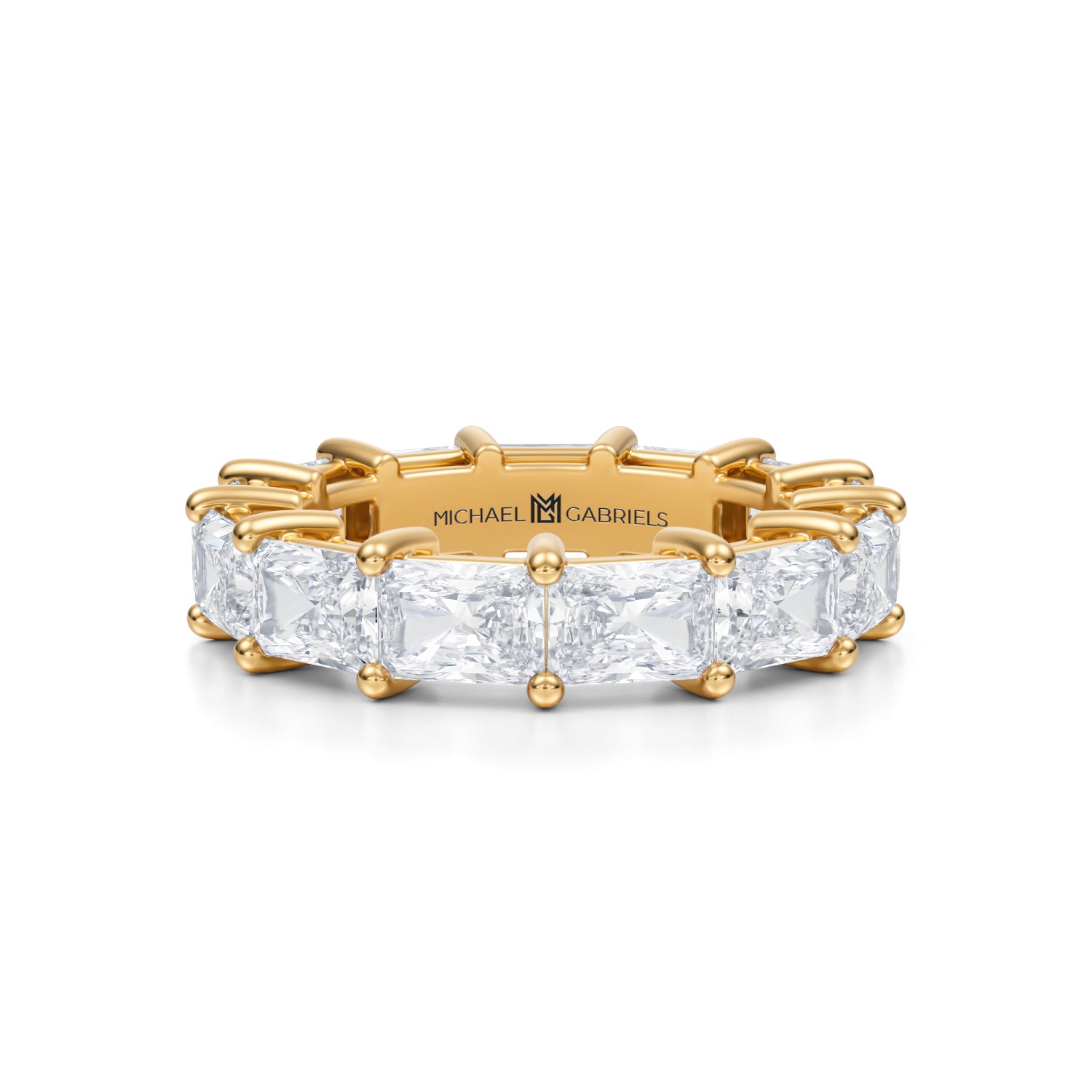 Radiant diamond eternity band in yellow gold.