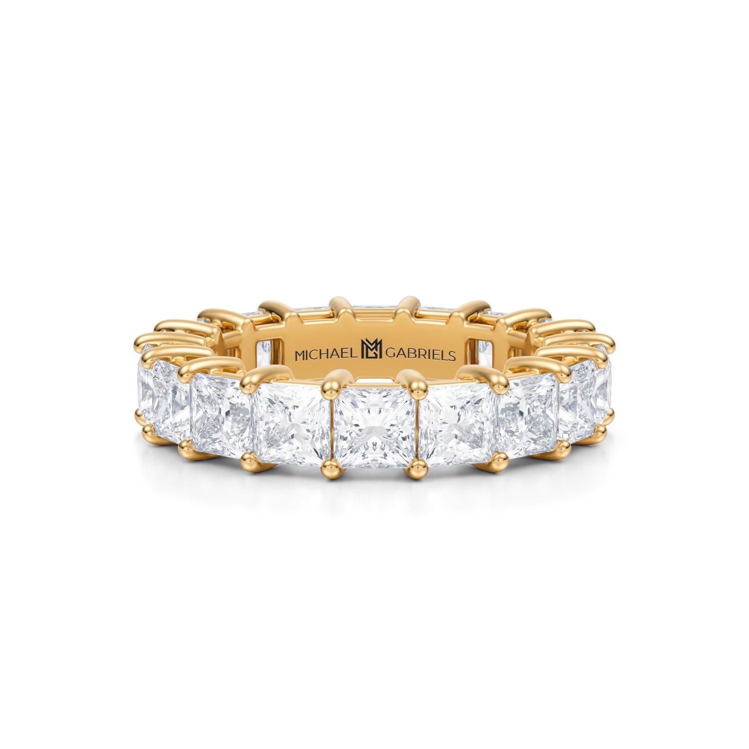 Yellow gold eternity band with princess cut lab grown diamonds.