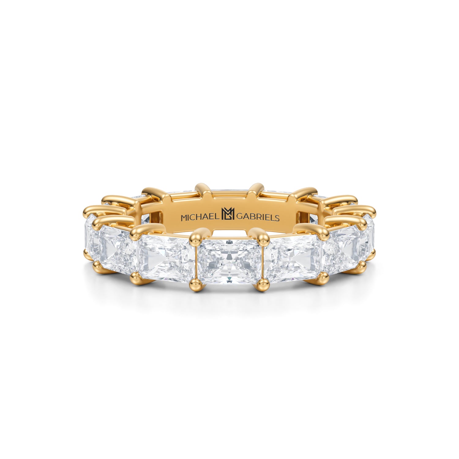 Radiant diamond eternity band in yellow gold.